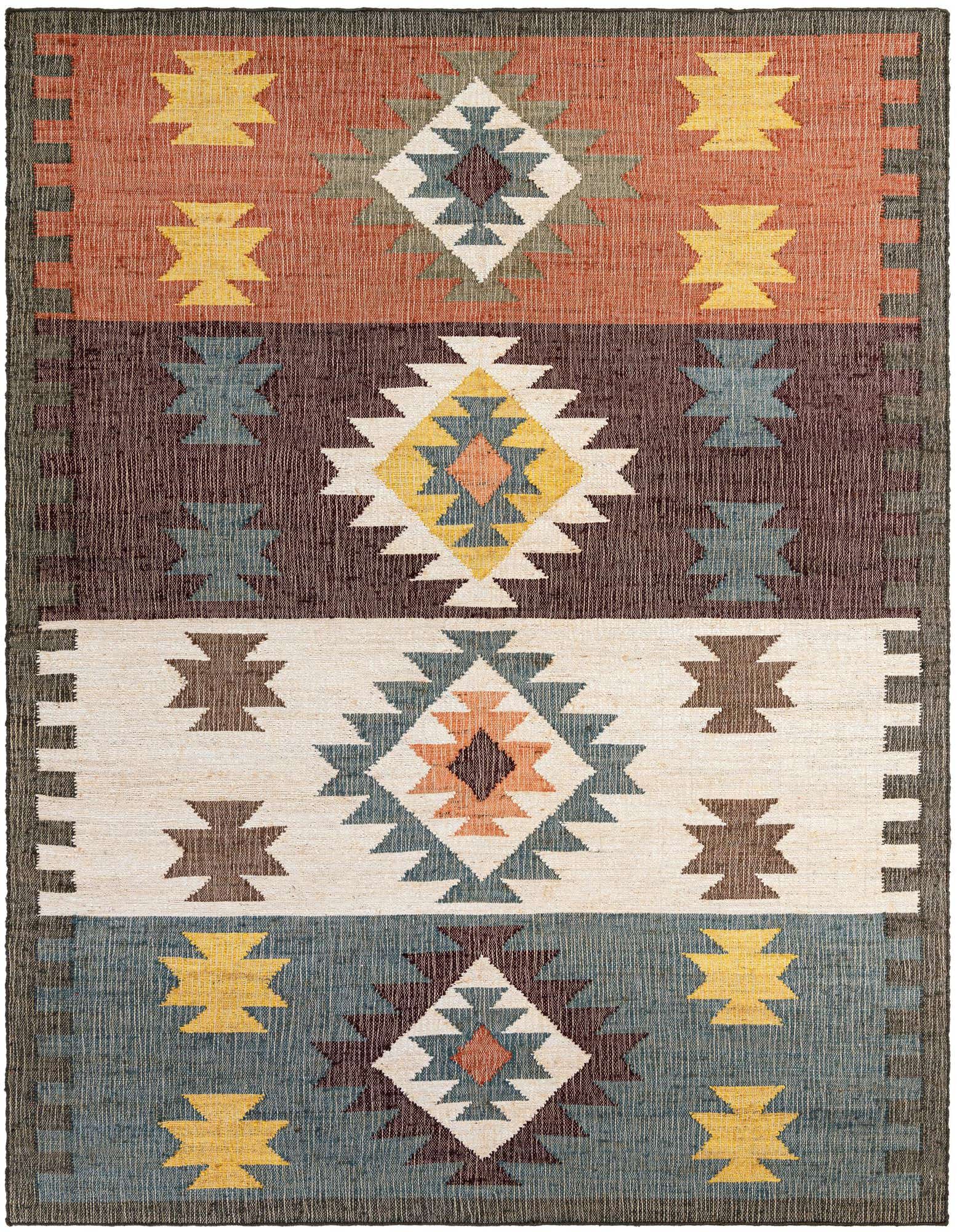 A multi-colored 8x10 rectangular modern rug with a striped pattern featuring geometric diamonds and arrow-like motifs.