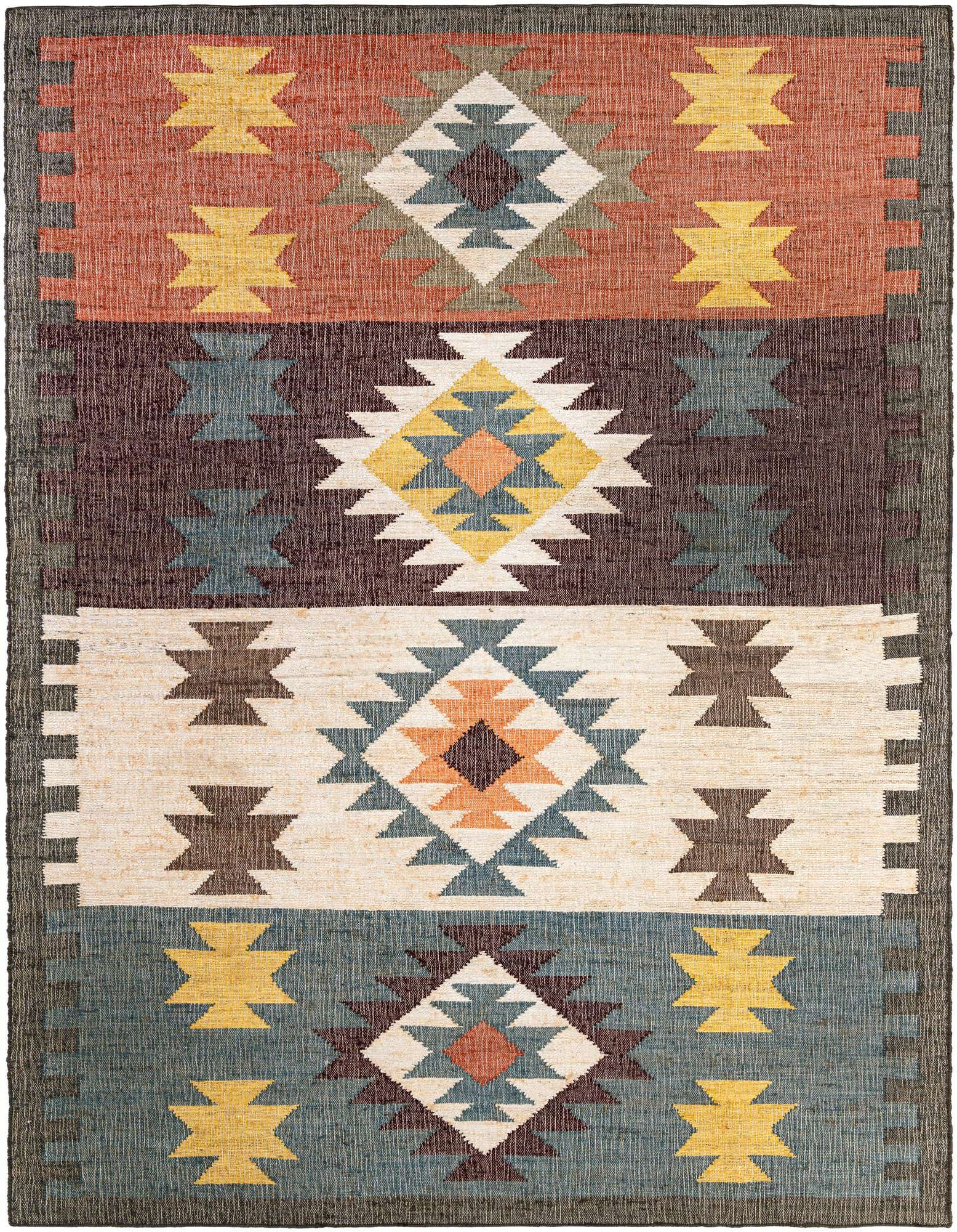 A multi-colored 9x12 rectangular rug with a Southwestern geometric pattern in earthy tones of rust, blue, yellow, and brown.