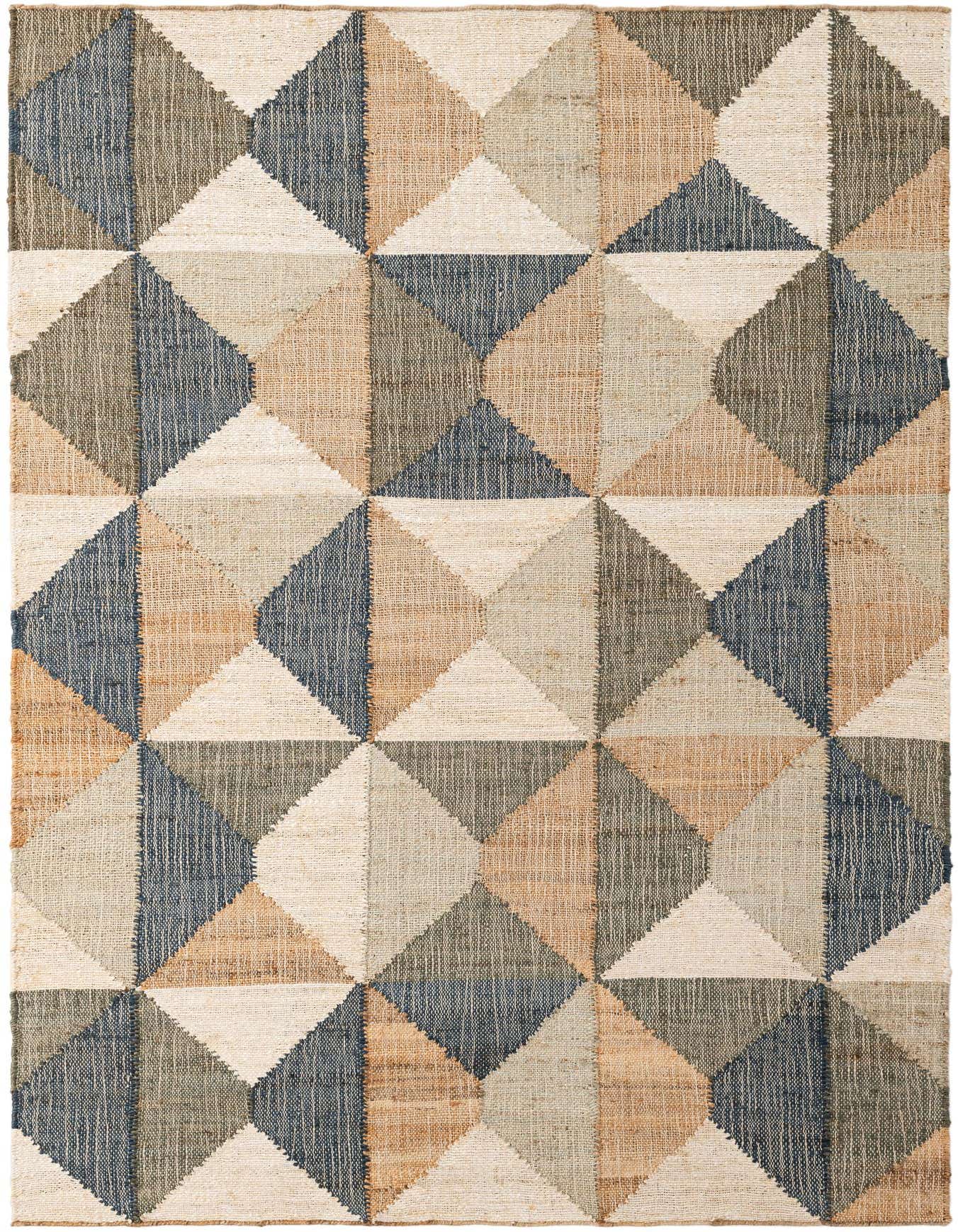 A 5x8 rectangular modern area rug featuring a geometric pattern of triangles in varying shades of blue, brown, natural jute, and light gray.