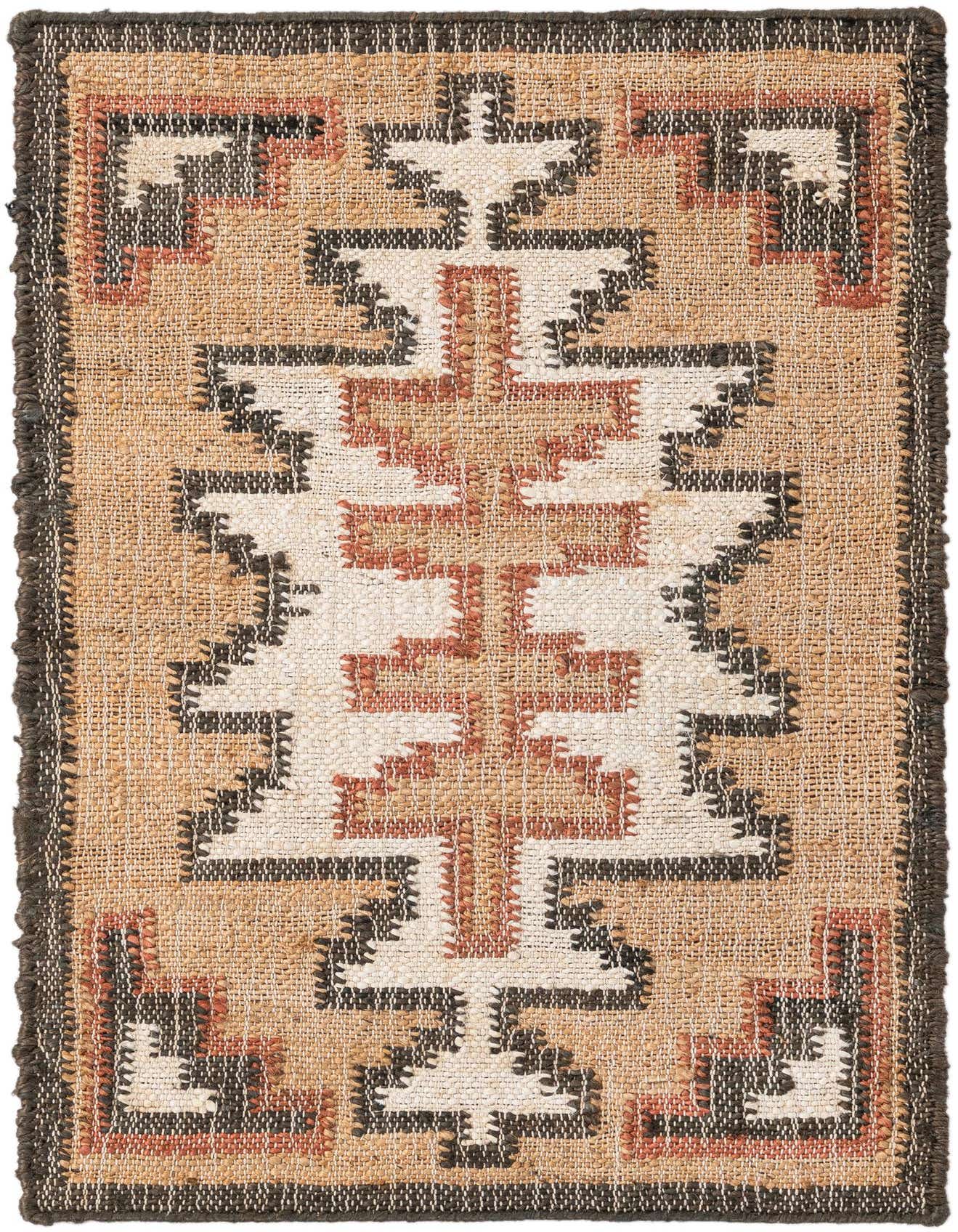 A 2x3 rectangular Rugs.com Kala rug with a modern geometric pattern in multi-colored jute and cotton.