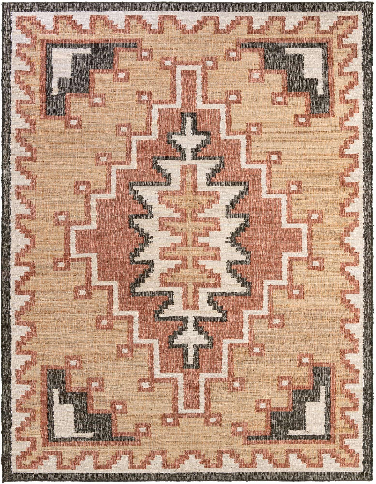 A rectangular 9x12 multi-colored jute and cotton rug with a traditional medallion pattern in earthy tones.