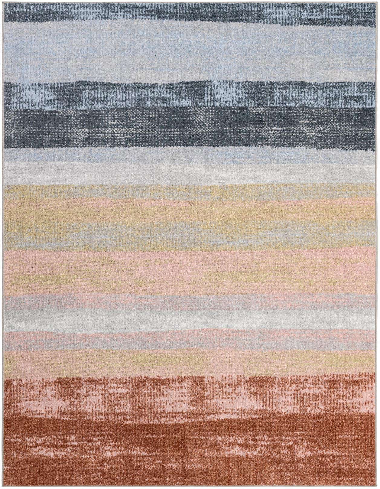 A 5x8 rectangular Kamala Washable rug featuring modern abstract stripes in multi-colored hues including blue, grey, pink, and brown.