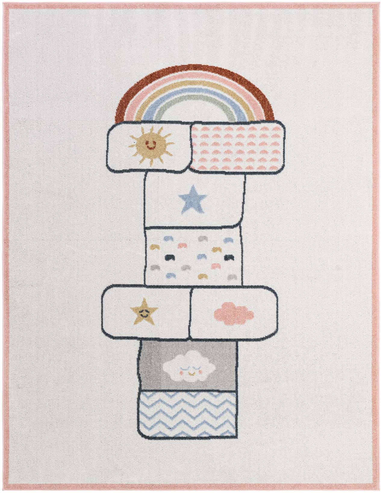 A 5x8 rectangular white rug with a colorful modern hopscotch pattern featuring a rainbow, sun, stars, clouds, and geometric shapes, framed by a thin pink border.