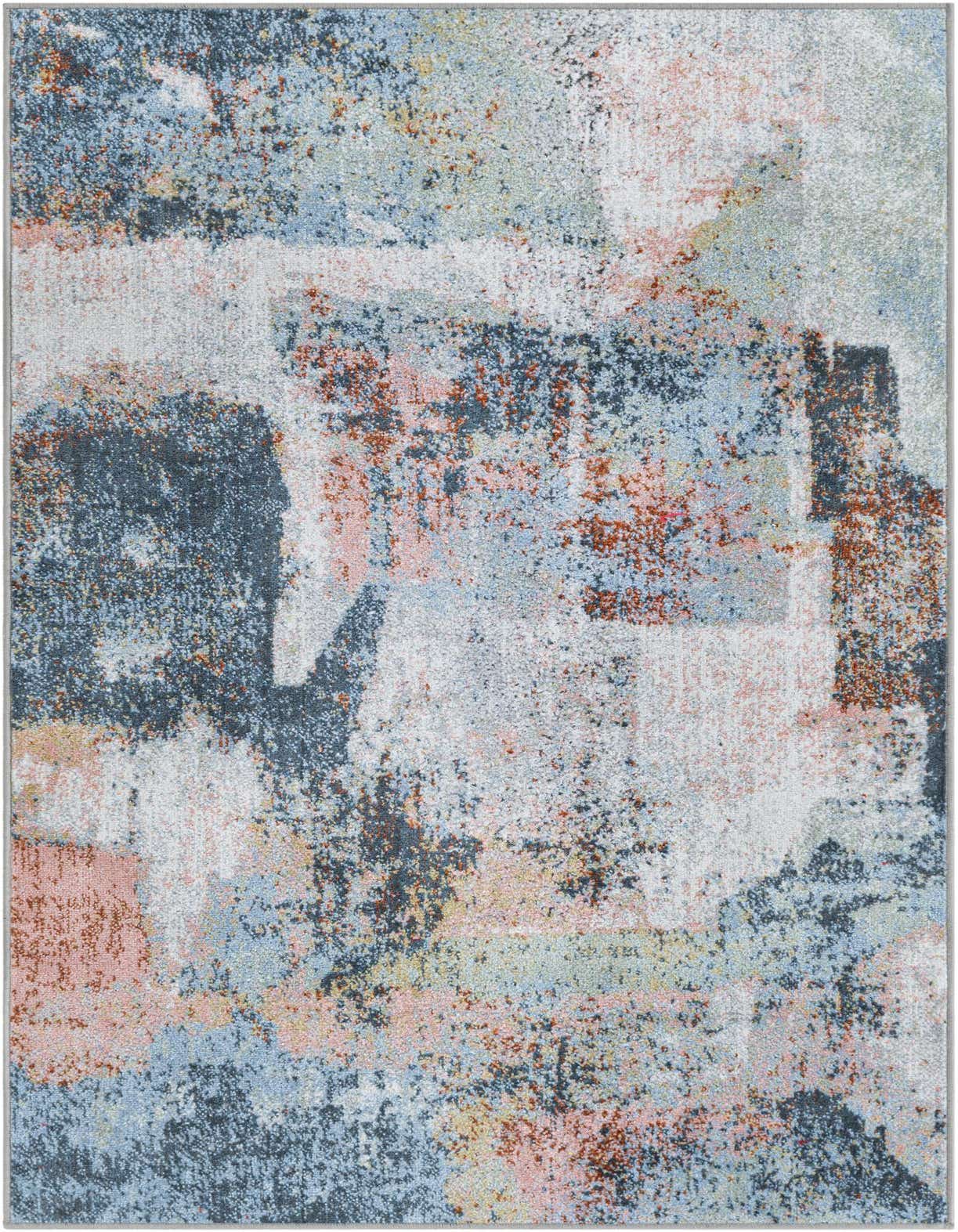 A 3x5 rectangular multi-colored abstract rug with a mix of light blue, pink, orange, and dark grey splotches, ideal for a modern indoor space.