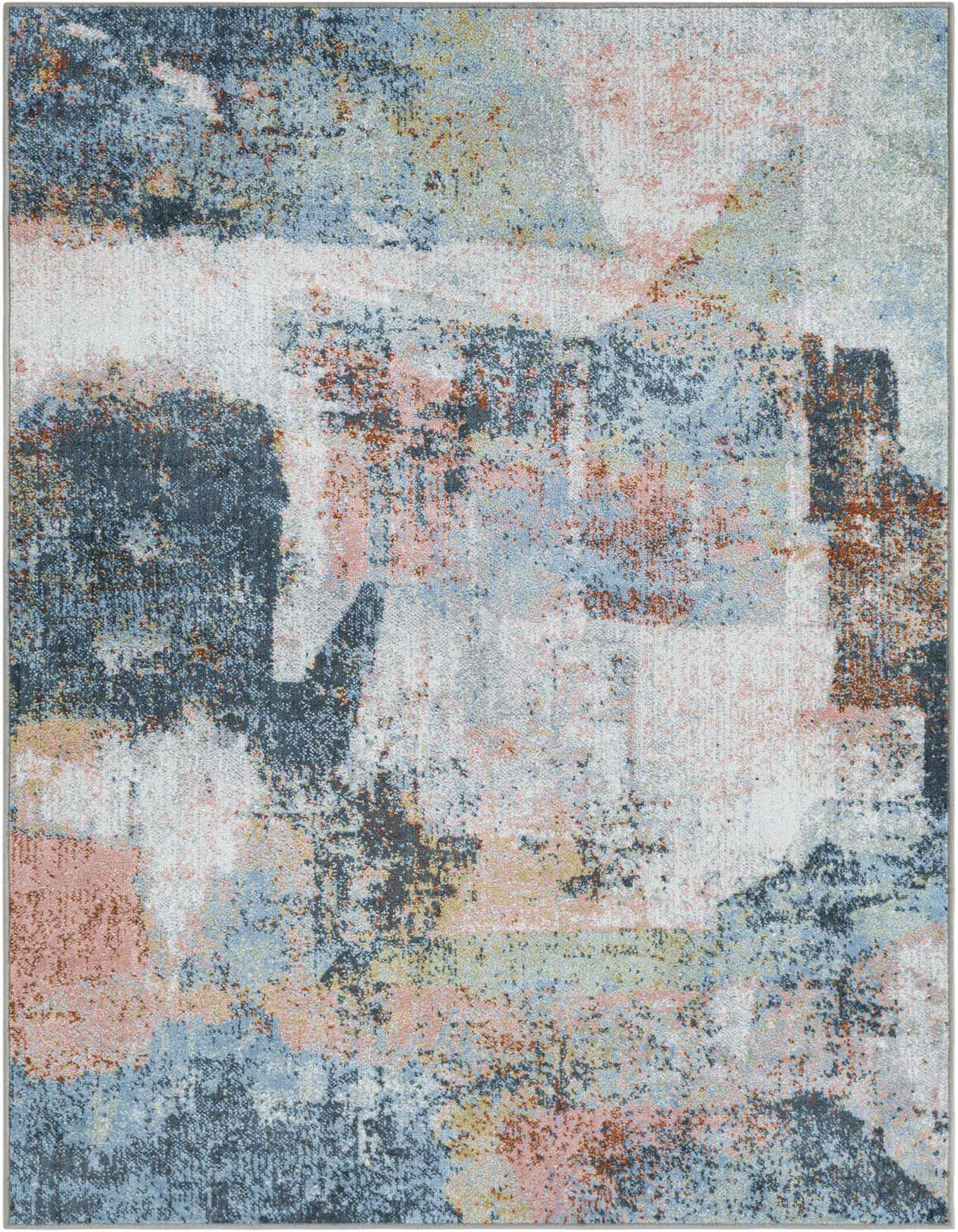 A 4x6 multi-colored rectangular rug featuring an abstract, modern pattern with shades of blue, pink, white, and hints of yellow and rust, suitable for an office or living room.