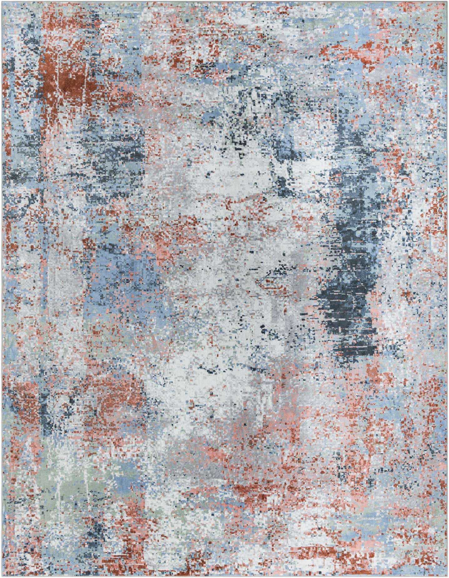 A 10x14 rectangular multi-colored modern abstract rug featuring shades of blue, rust, and white, suitable for a living room.