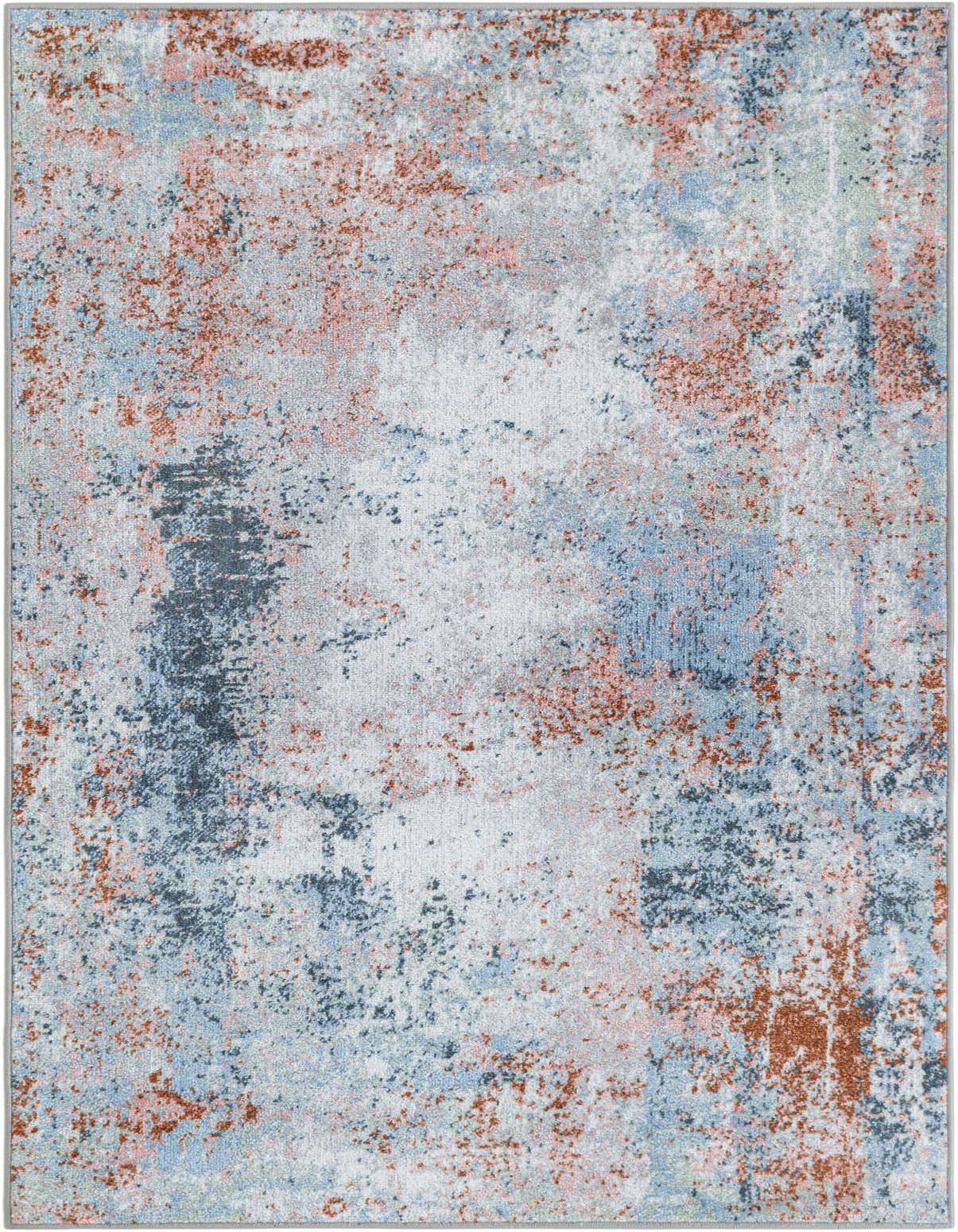 A 3x5 rectangular modern abstract rug featuring a distressed multi-colored pattern in shades of blue, pink, and rust.