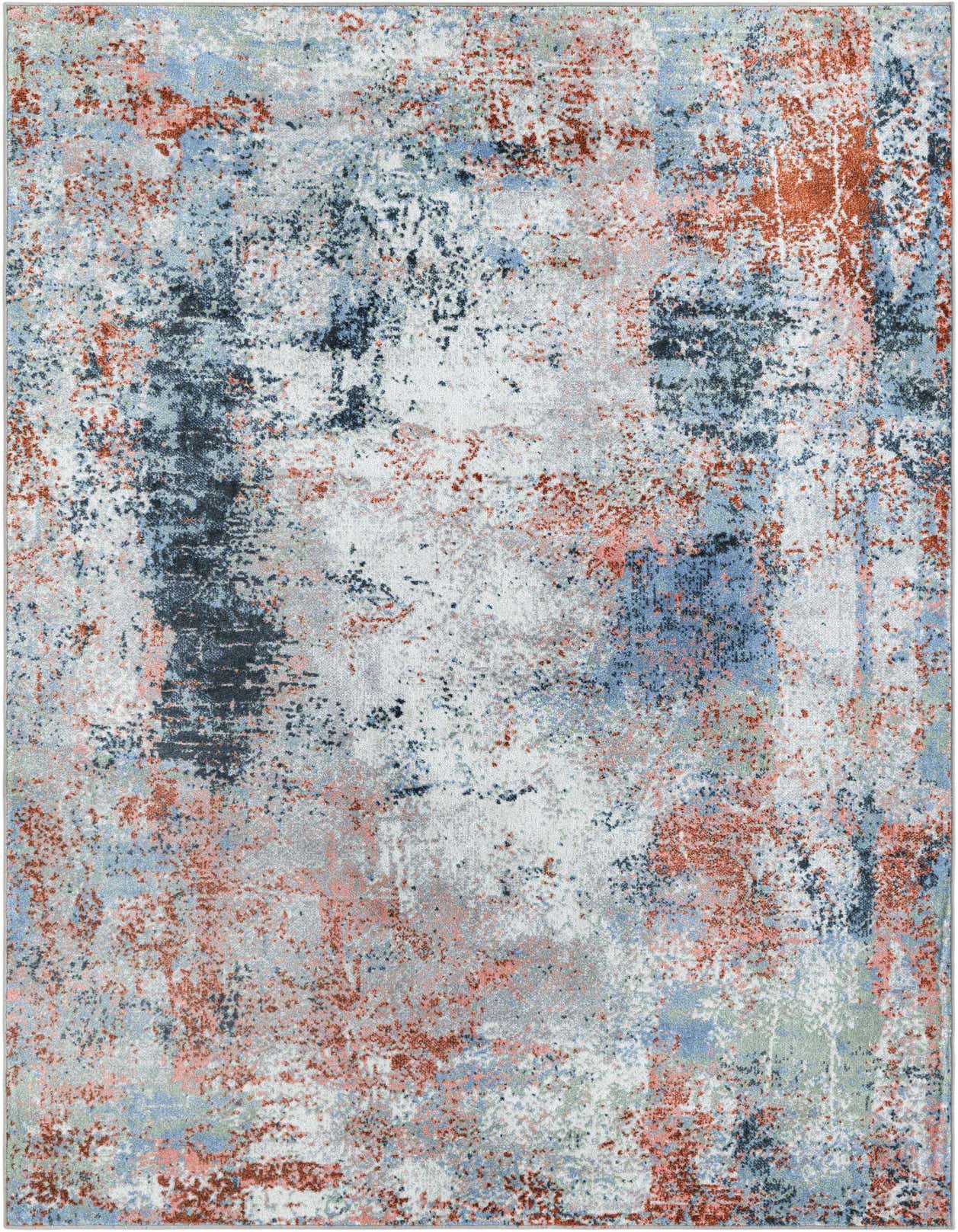 A 5x8 rectangular modern abstract rug with a multi-colored pattern featuring shades of blue, orange, and grey.