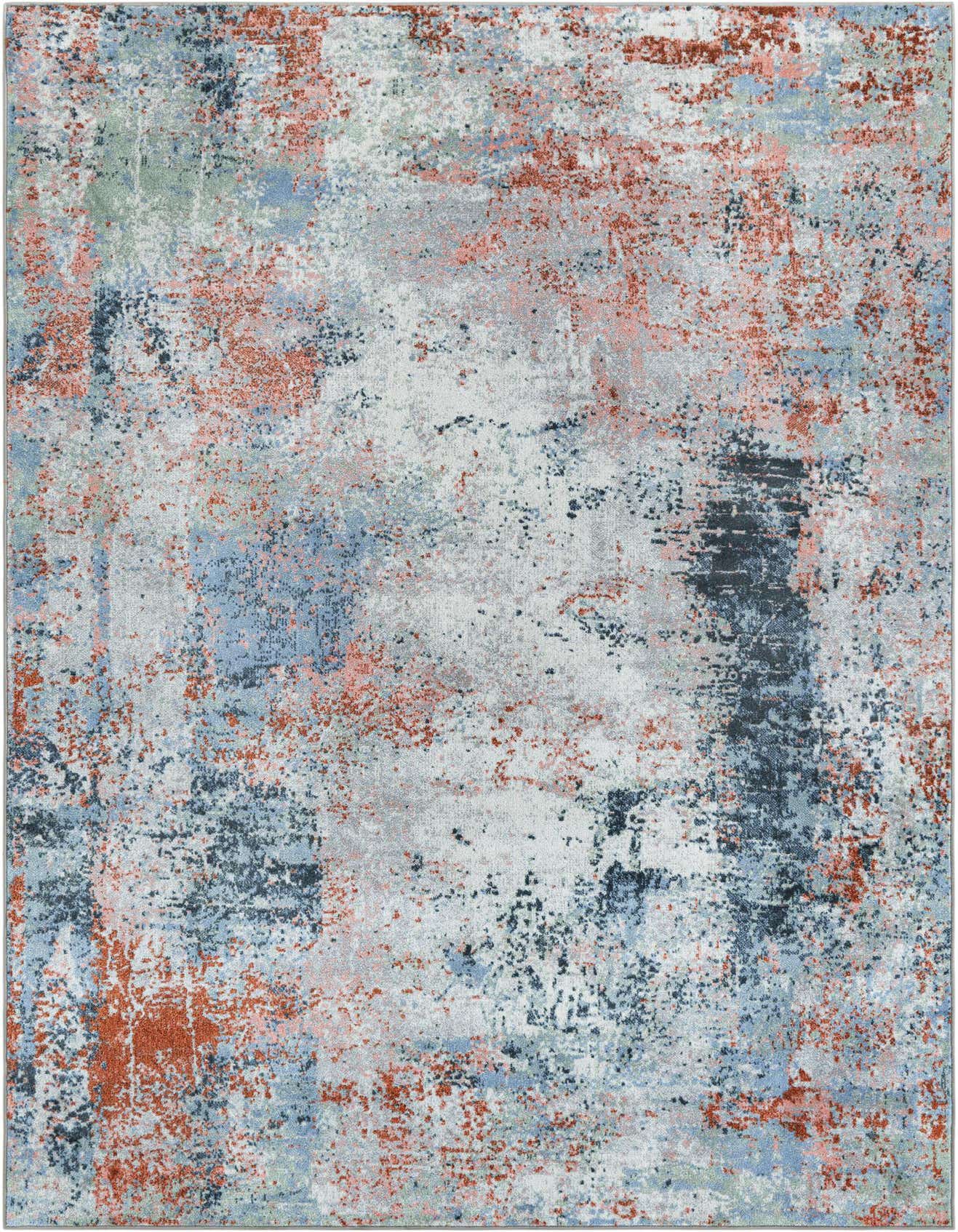 A 6x9 rectangular modern abstract rug featuring a distressed multi-colored pattern with shades of blue, orange, and grey.