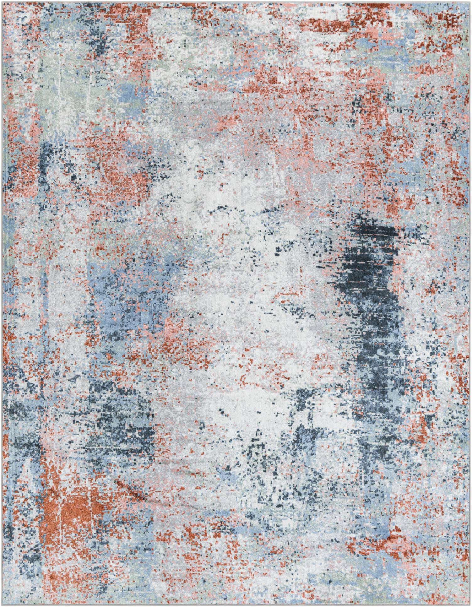 A rectangular 8x10 multi-colored modern abstract rug with a distressed pattern in shades of blue, orange, and white.
