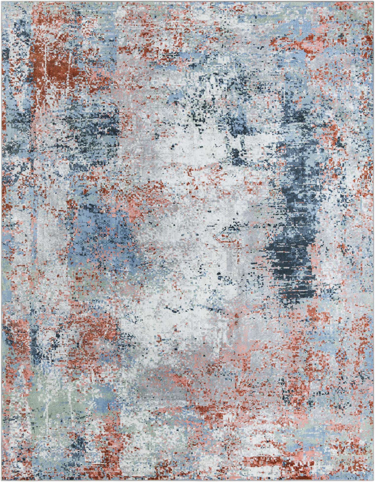 A 9x12 rectangular modern abstract rug featuring a multi-colored distressed pattern in shades of blue, rust, and white.
