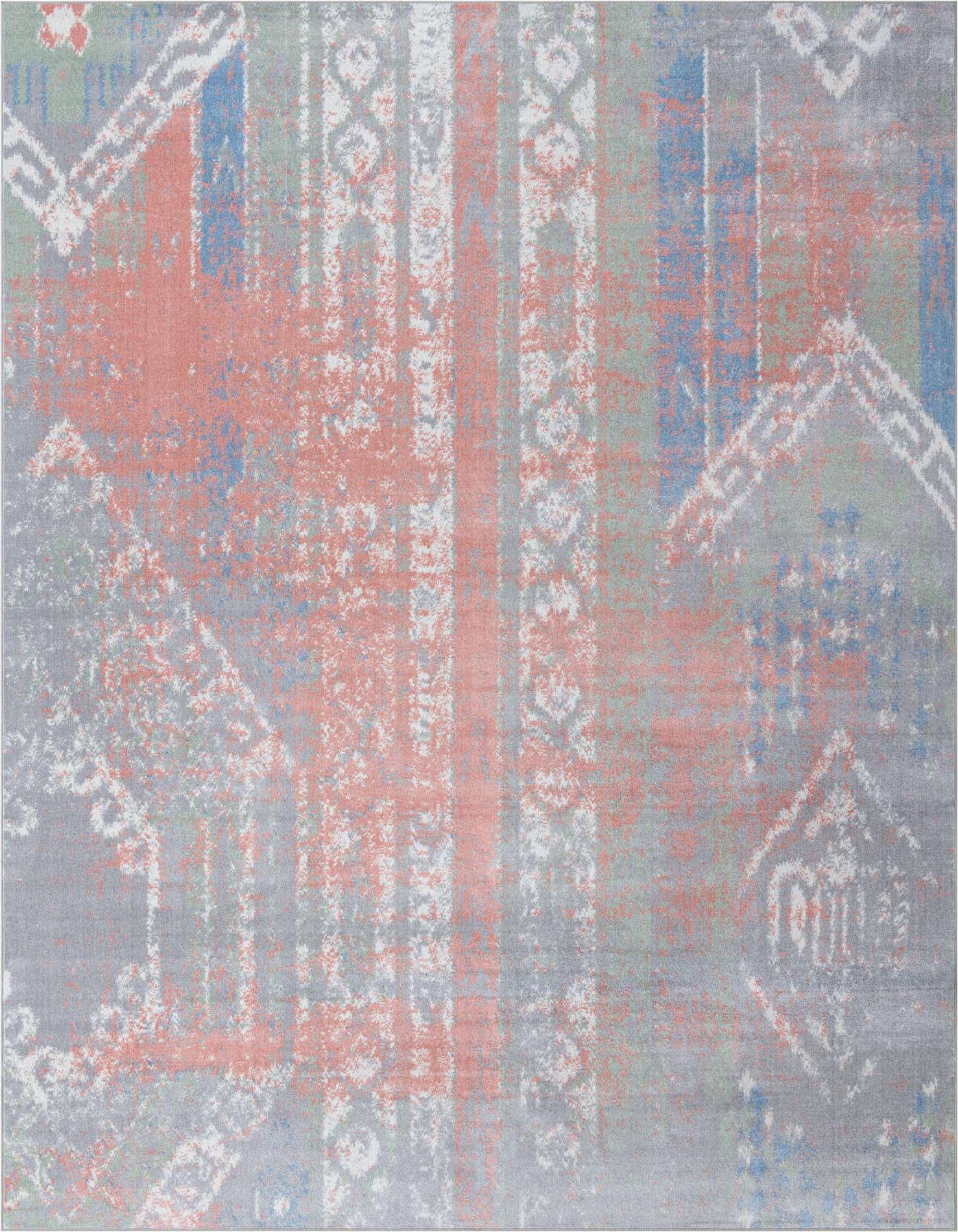 A 10x14 multi-colored rectangular rug with a distressed Southwestern, vintage, and abstract pattern in shades of grey, blue, green, and coral.