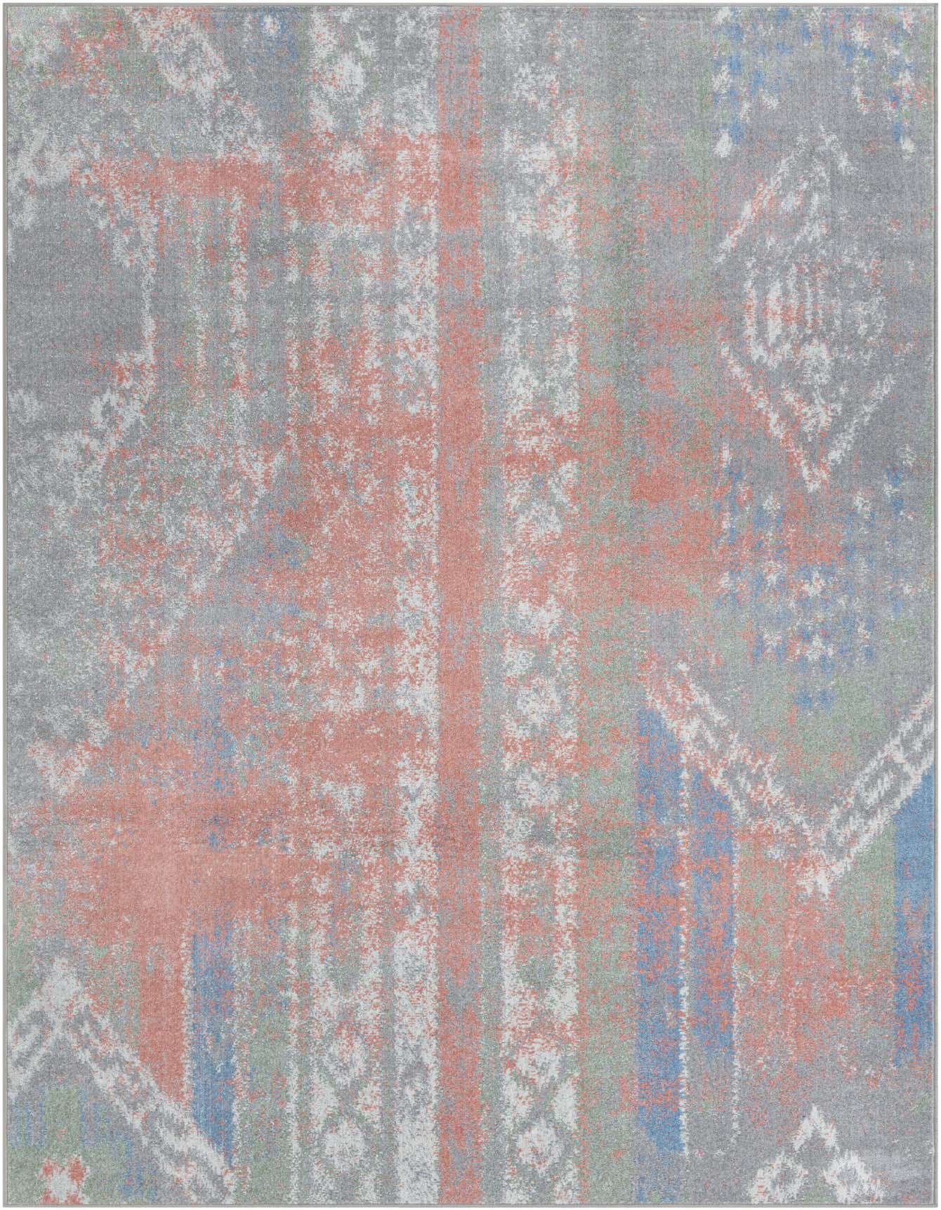 A 6x9 rectangular multi-colored Southwestern vintage rug with distressed patterns in shades of grey, coral, blue, and green.