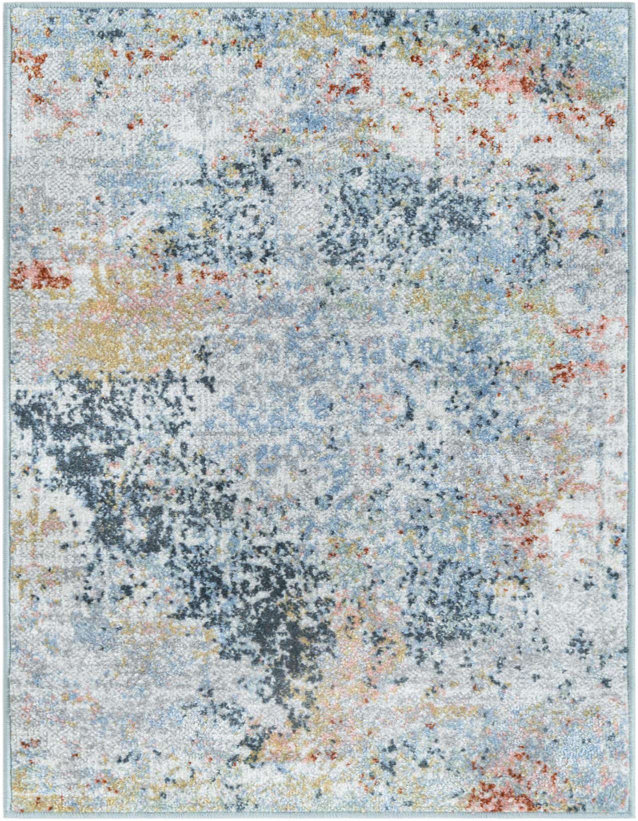 A rectangular 2x3 multi-colored rug with a distressed traditional medallion pattern in blues, grays, oranges, and yellows.