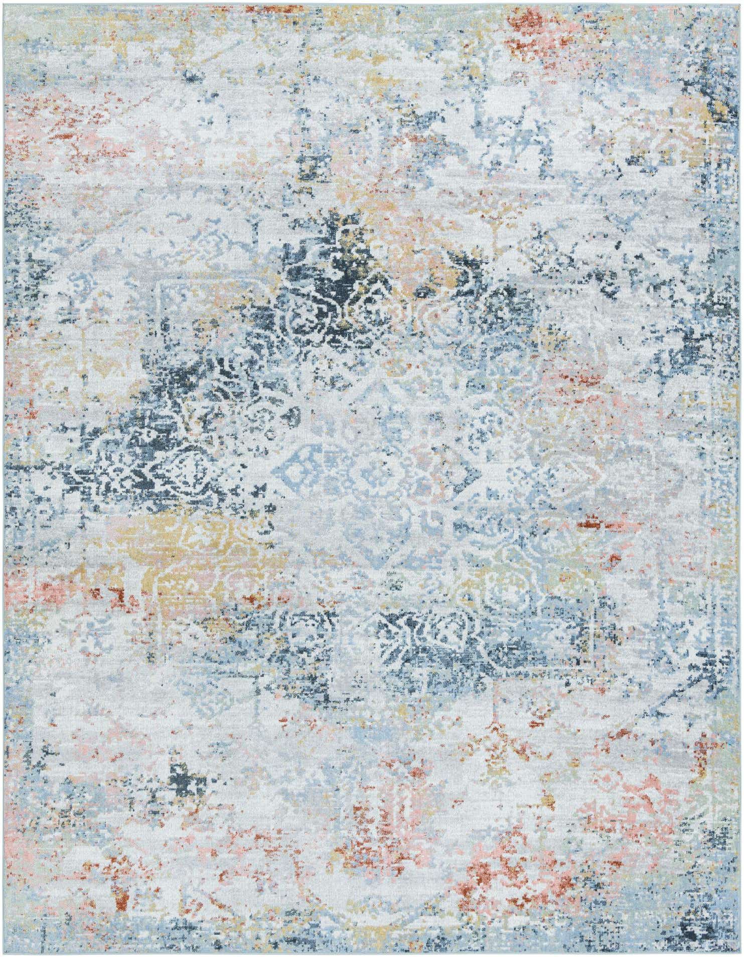 A 9x12 rectangular Kamala Washable rug featuring a multi-colored distressed traditional medallion pattern with shades of blue, orange, and yellow on a light background.