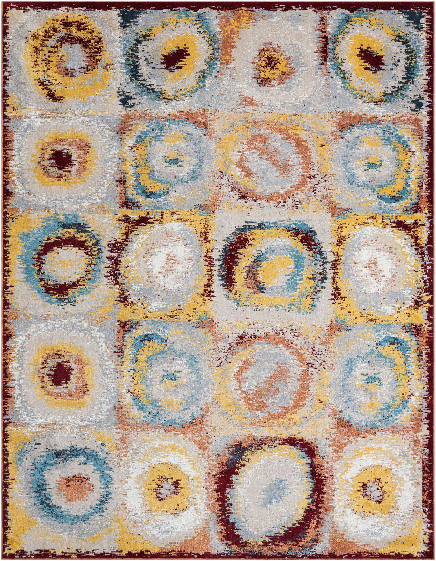 A 9x12 rectangular multi-colored modern abstract rug with a pattern of distressed concentric circles in shades of blue, yellow, red, and grey.