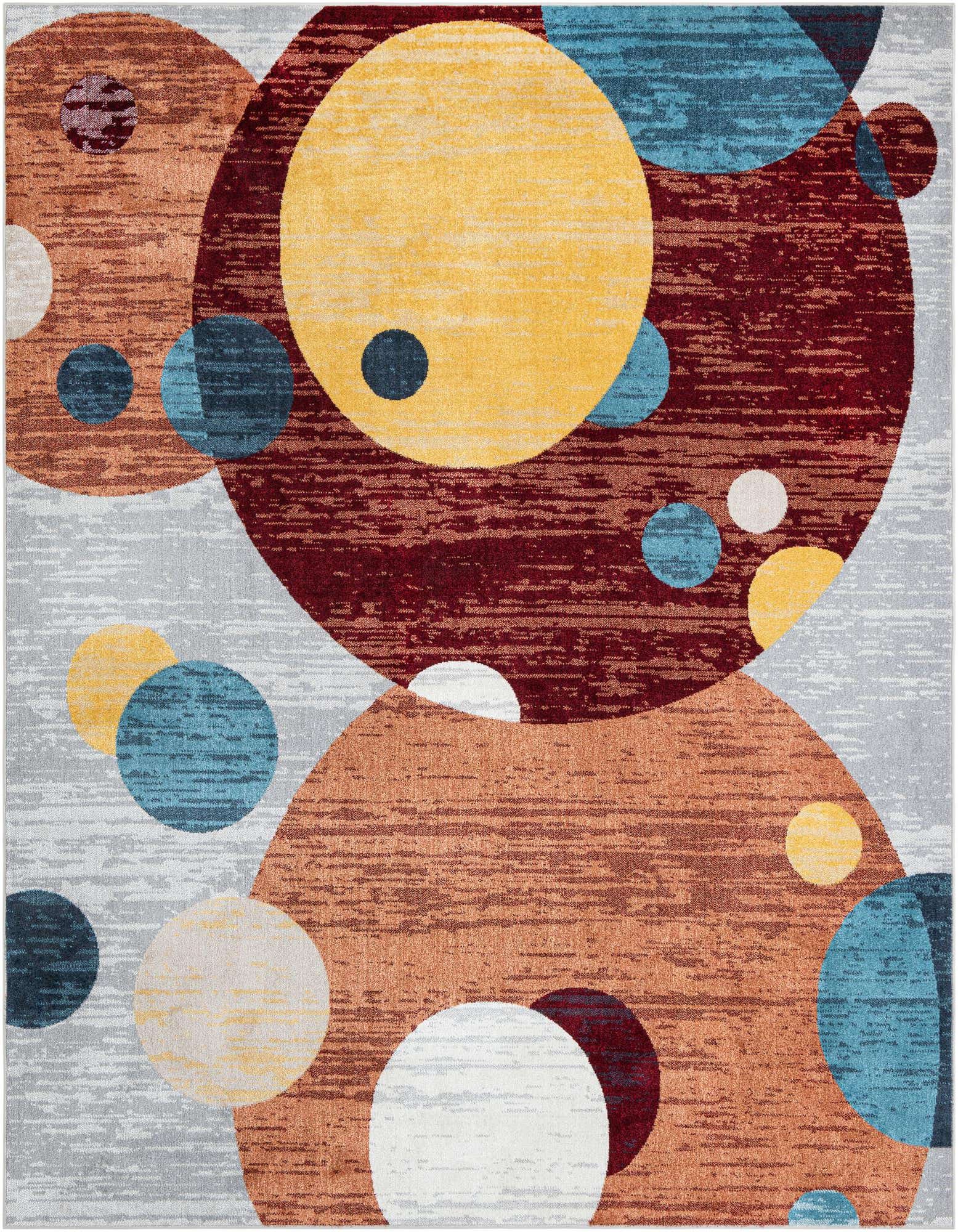 A multi-colored 8x10 rectangular rug featuring a modern abstract design with overlapping circles in shades of yellow, blue, rust, and burgundy on a light grey background.
