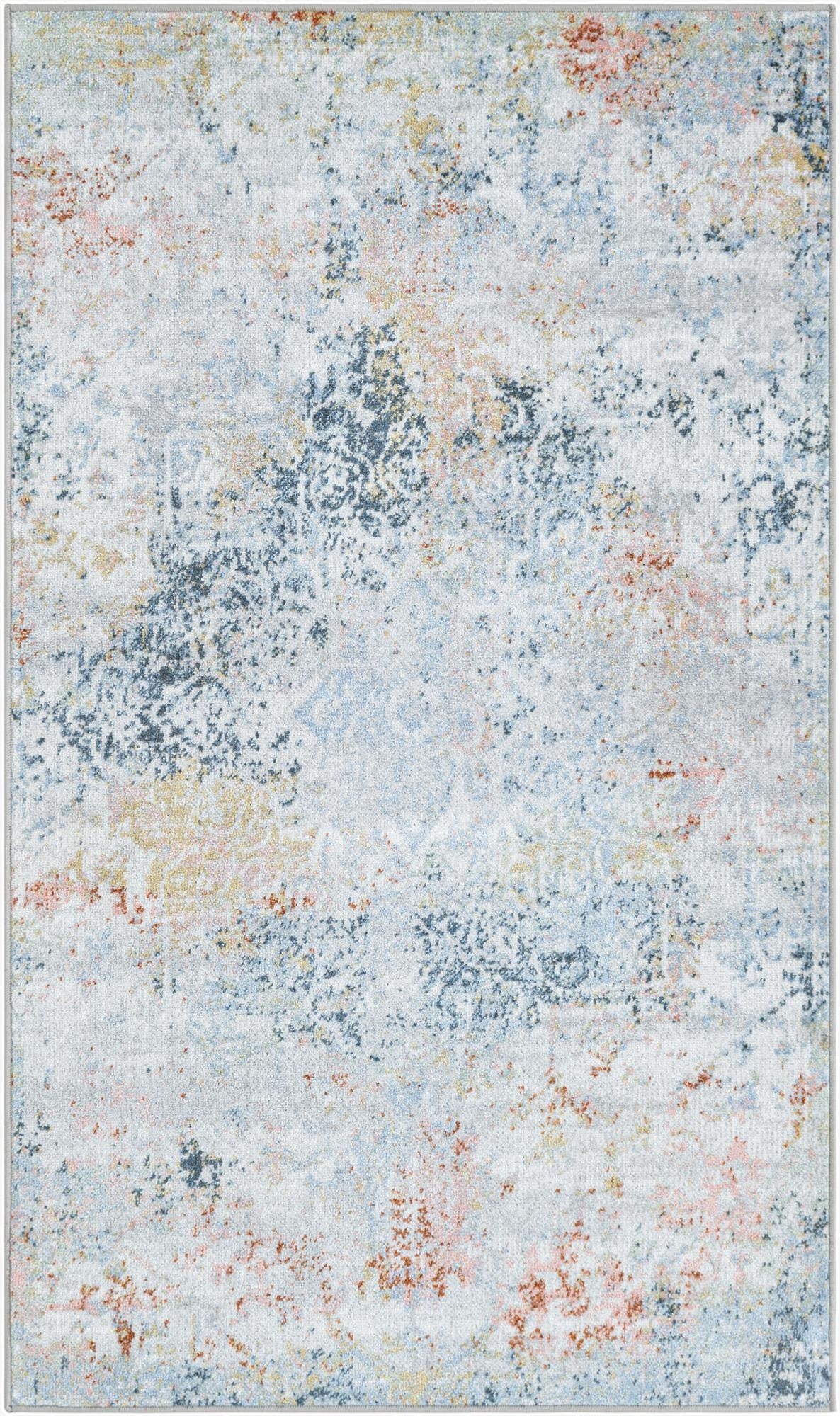 A 3x5 rectangular Kamala Washable rug featuring a multi-colored traditional medallion pattern with distressed blues, oranges, and yellows on a light background.