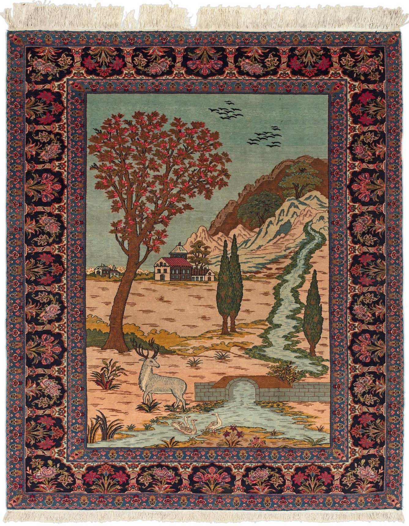 A 4x6 rectangular multi-colored Persian wool rug featuring a scenic landscape with a deer, swans, trees, a river, and a house, framed by a floral border.