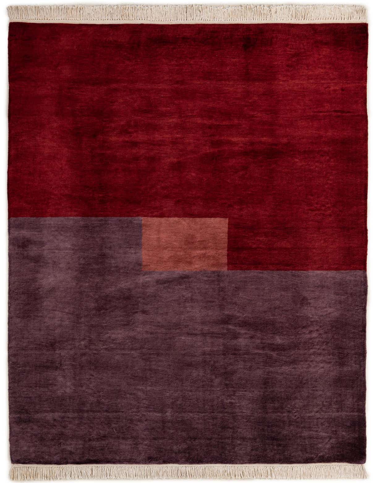 A 5x8 rectangular Kashkuli Gabbeh wool rug featuring a modern abstract design with a deep red upper section and a plum lower section, accented by a small terracotta rectangle.