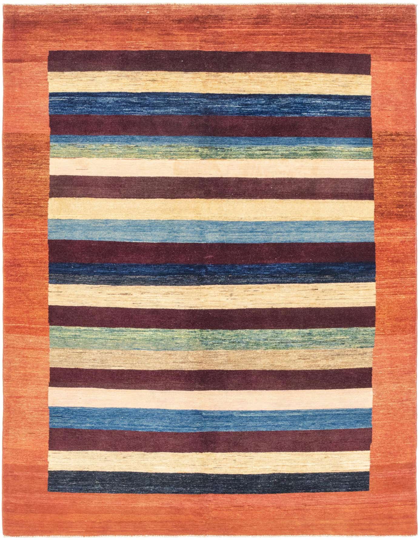 A 5x8 rectangular Kashkuli Gabbeh rug with a multi-colored striped pattern and a solid orange border, suitable for a living room.