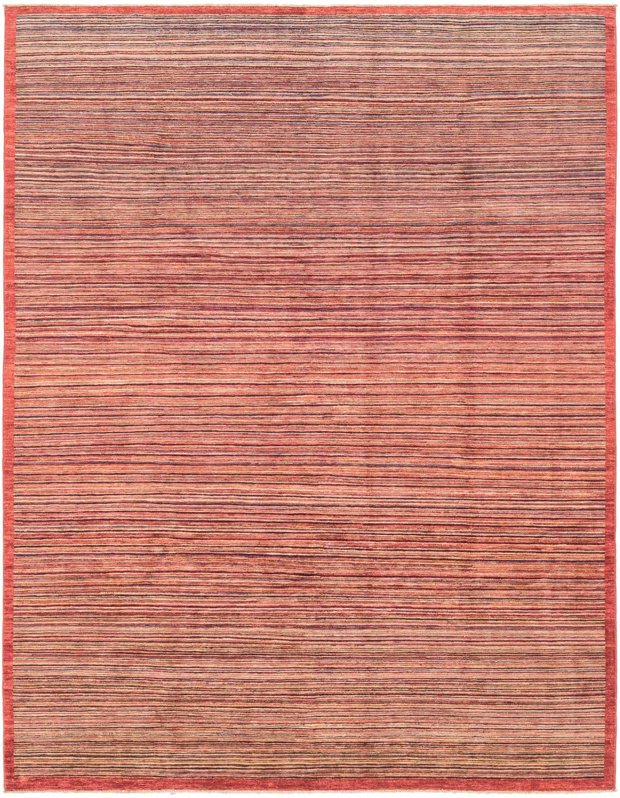 A 6x9 rectangular Kashkuli Gabbeh rug featuring horizontal stripes in various shades of multi-colored wool, ideal for a modern living room.