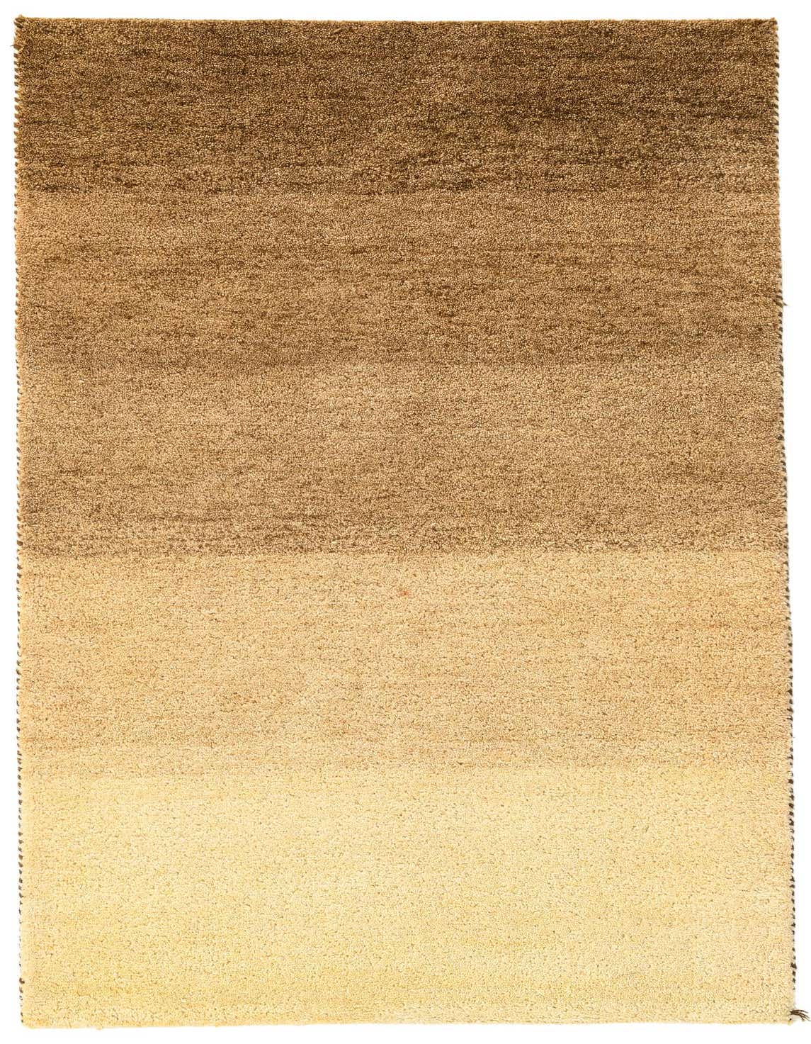 A 3x5 rectangular Kashkuli Gabbeh rug with a modern design, featuring horizontal bands of multi-colored wool, transitioning from dark brown to light beige.