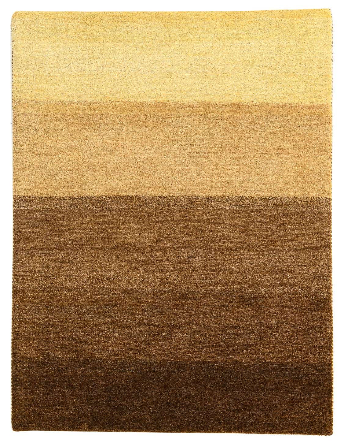 A rectangular 3x5 Kashkuli Gabbeh wool rug with horizontal bands of light beige, tan, and dark brown, showcasing a modern gradient.