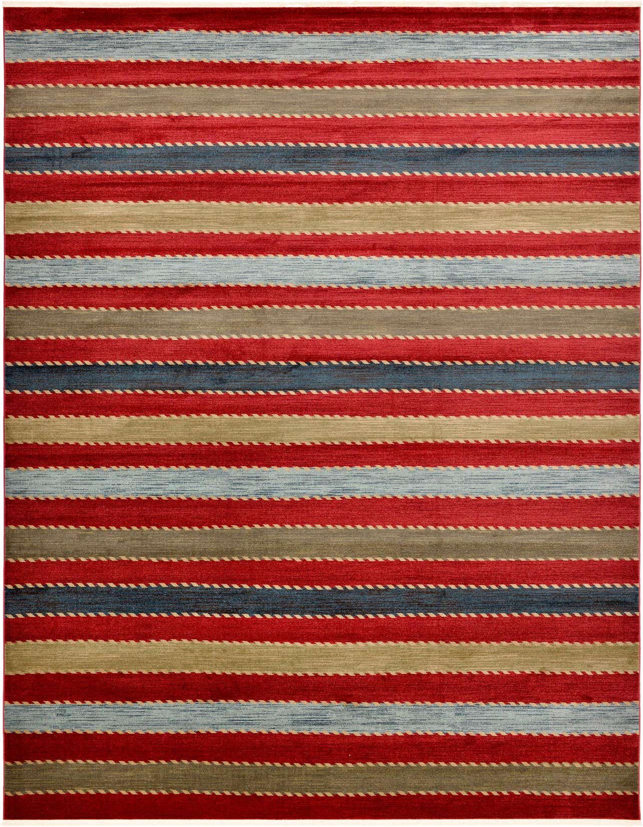 Multi-colored rectangular area rug with horizontal stripes in red, blue, gold, and green, featuring a subtle braided pattern.