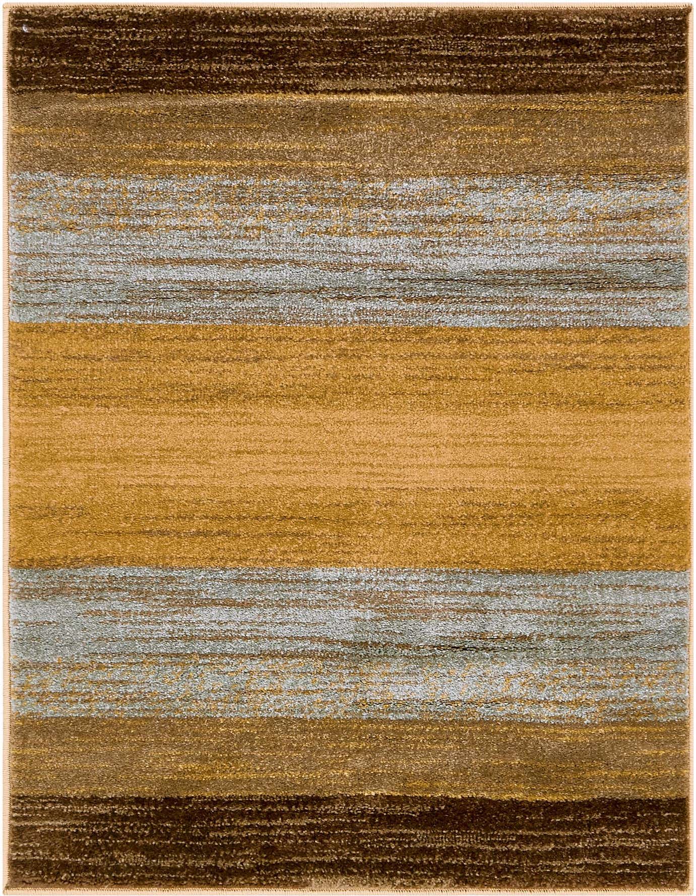 A 2x3 rectangular Kashkuli Gabbeh rug with horizontal stripes in shades of brown, gold, and light blue, featuring a textured, modern design.