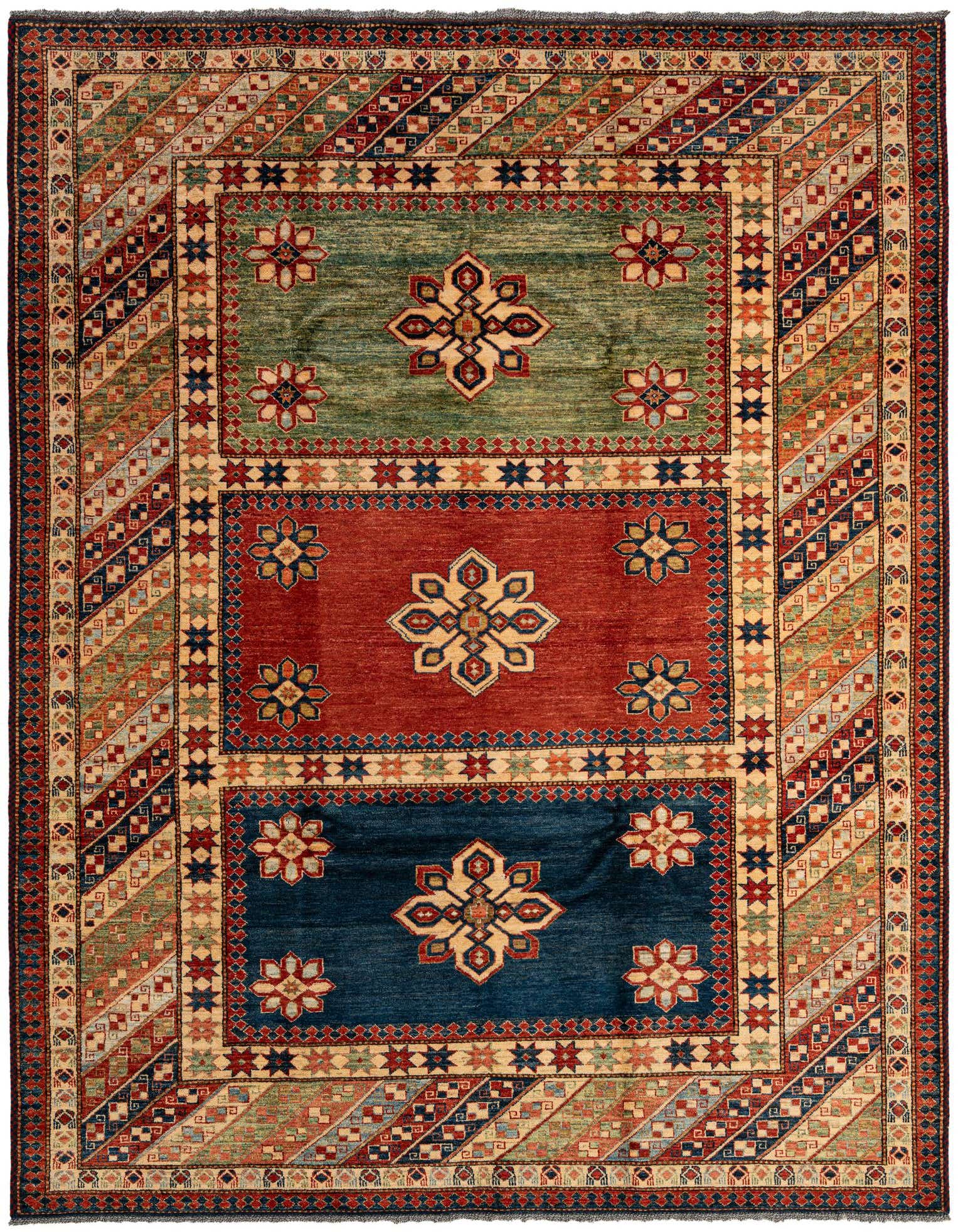 A 7x10 multi-colored rectangular wool rug with a modern oriental pattern, featuring green, red, and blue panels with floral motifs, surrounded by an intricate border.