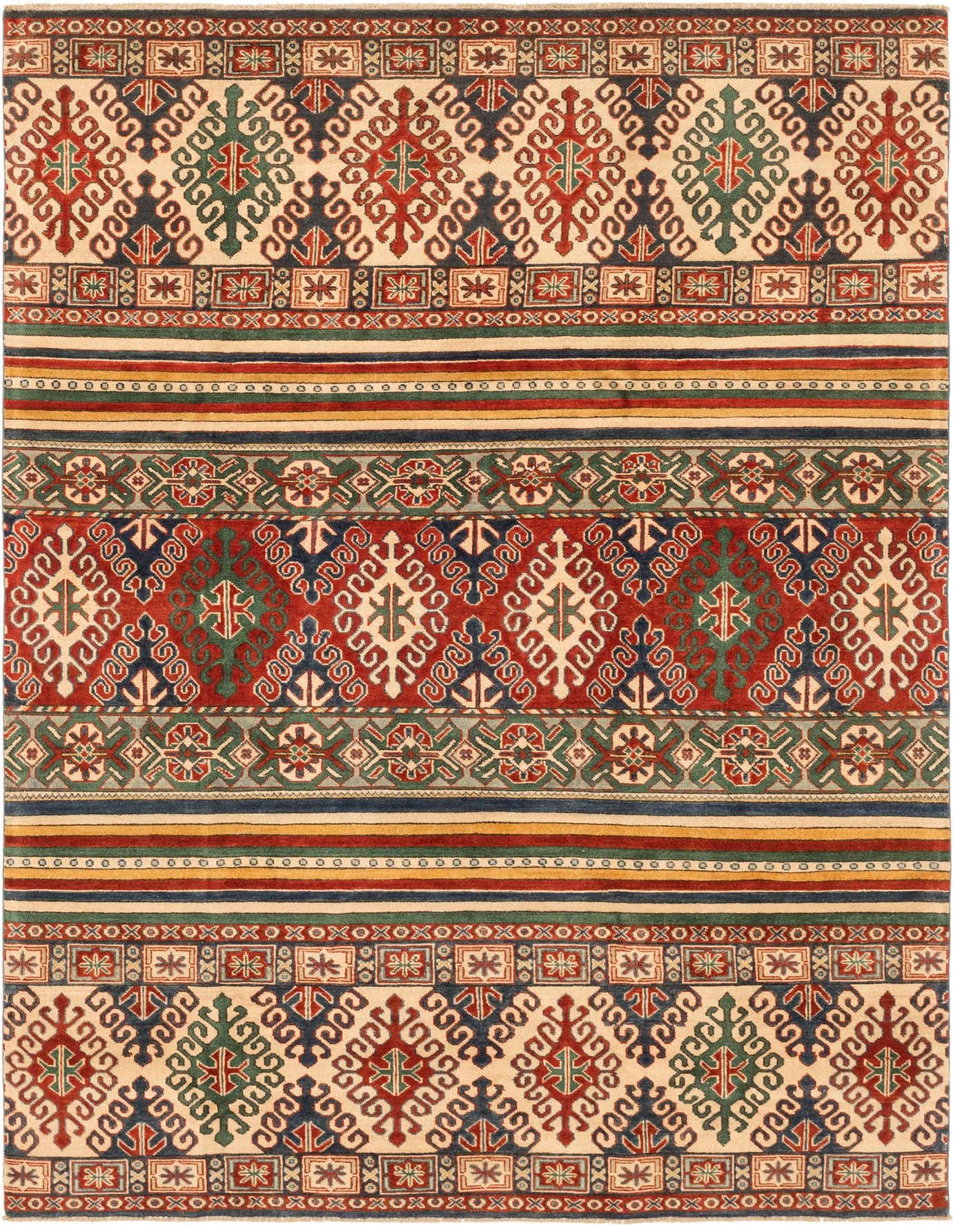 A 6x9 rectangular multi-colored Southwestern tribal rug with intricate patterns in red, blue, green, and beige.