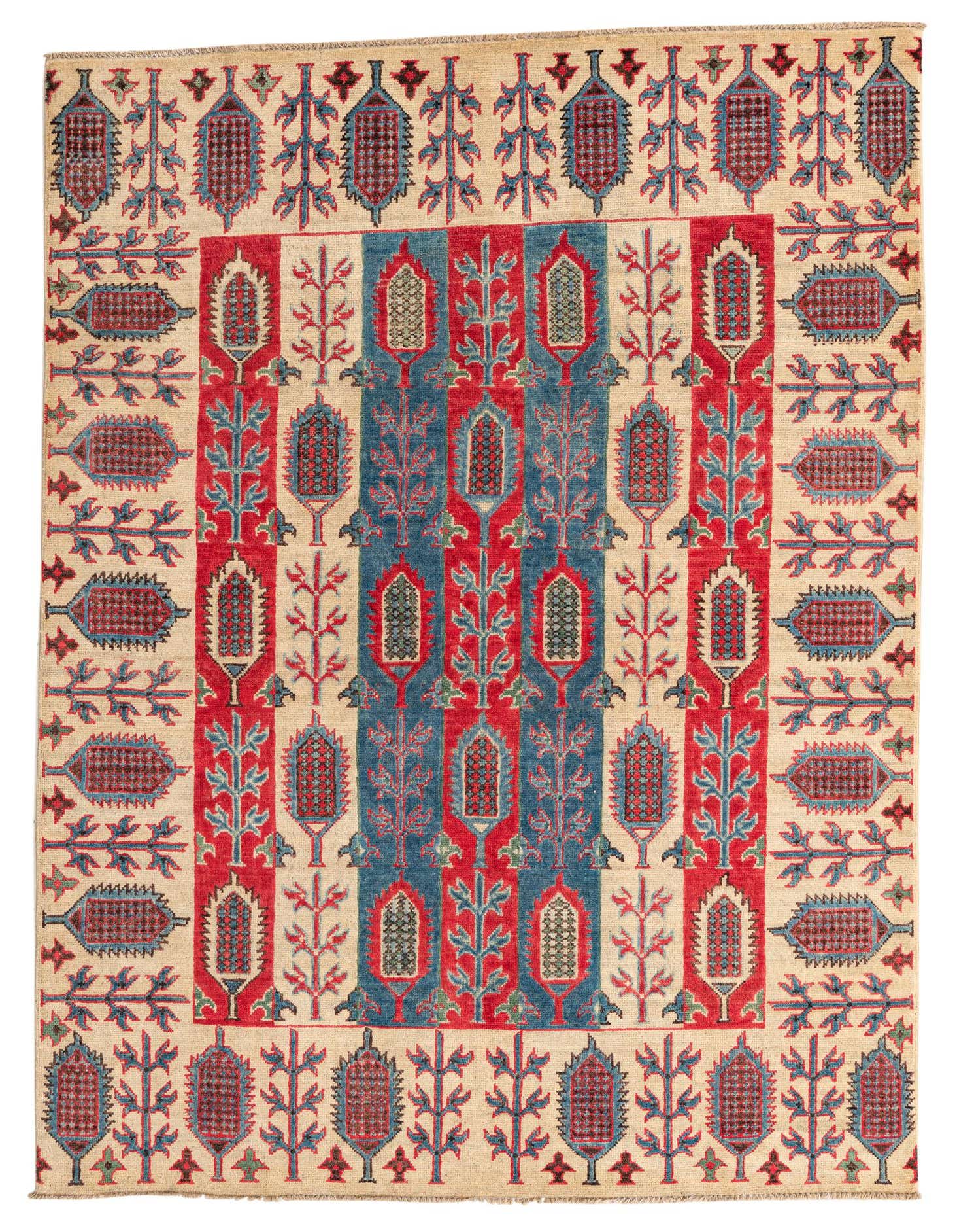 A 5x7 rectangular multi-colored rug with a traditional Southwestern pattern in red, blue, and beige.