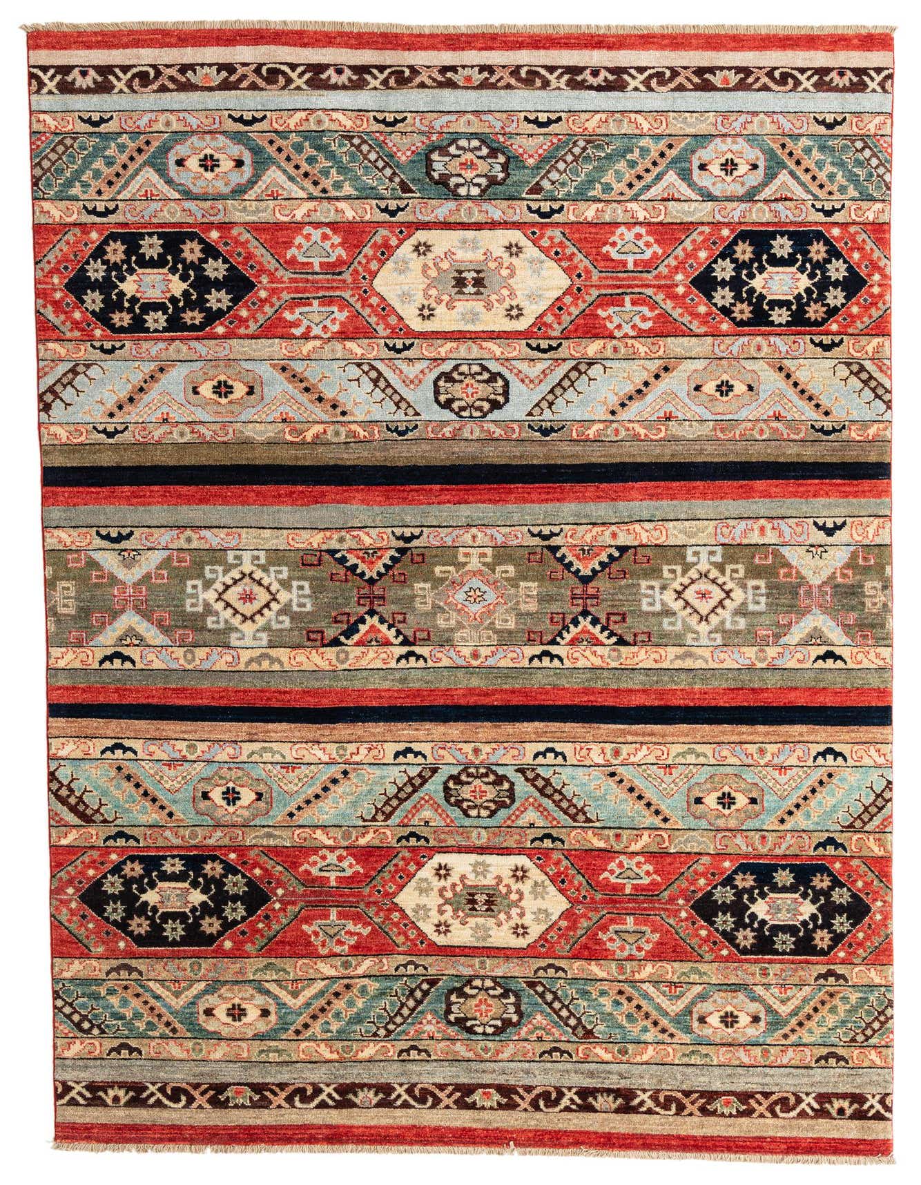 A 6x9 multi-colored rectangular Kazak rug featuring traditional geometric patterns in red, blue, green, and cream hues.