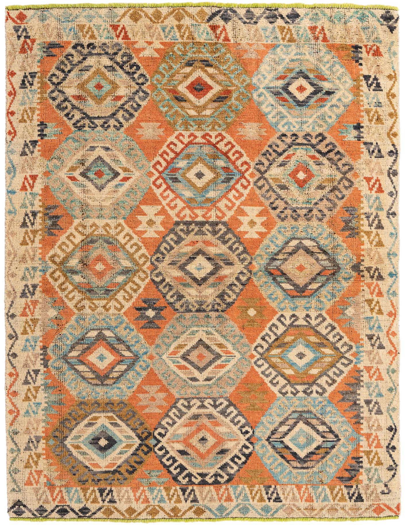 A 5x8 rectangular multi-colored wool rug with a modern oriental abstract pattern, featuring various geometric shapes in shades of orange, blue, and beige.