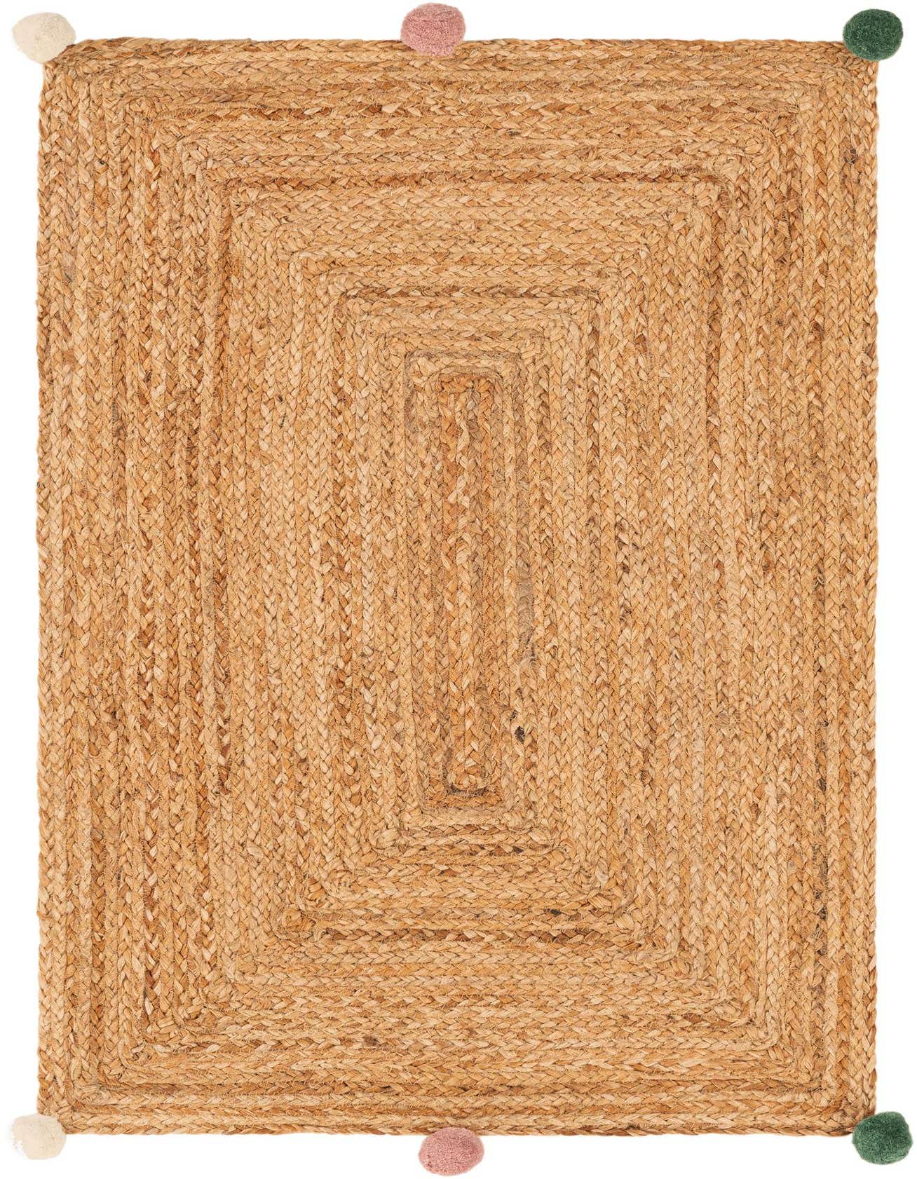 A 2x3 rectangular braided jute rug with natural brown tones, featuring colorful pom-pom accents in white, pink, and green on each corner.