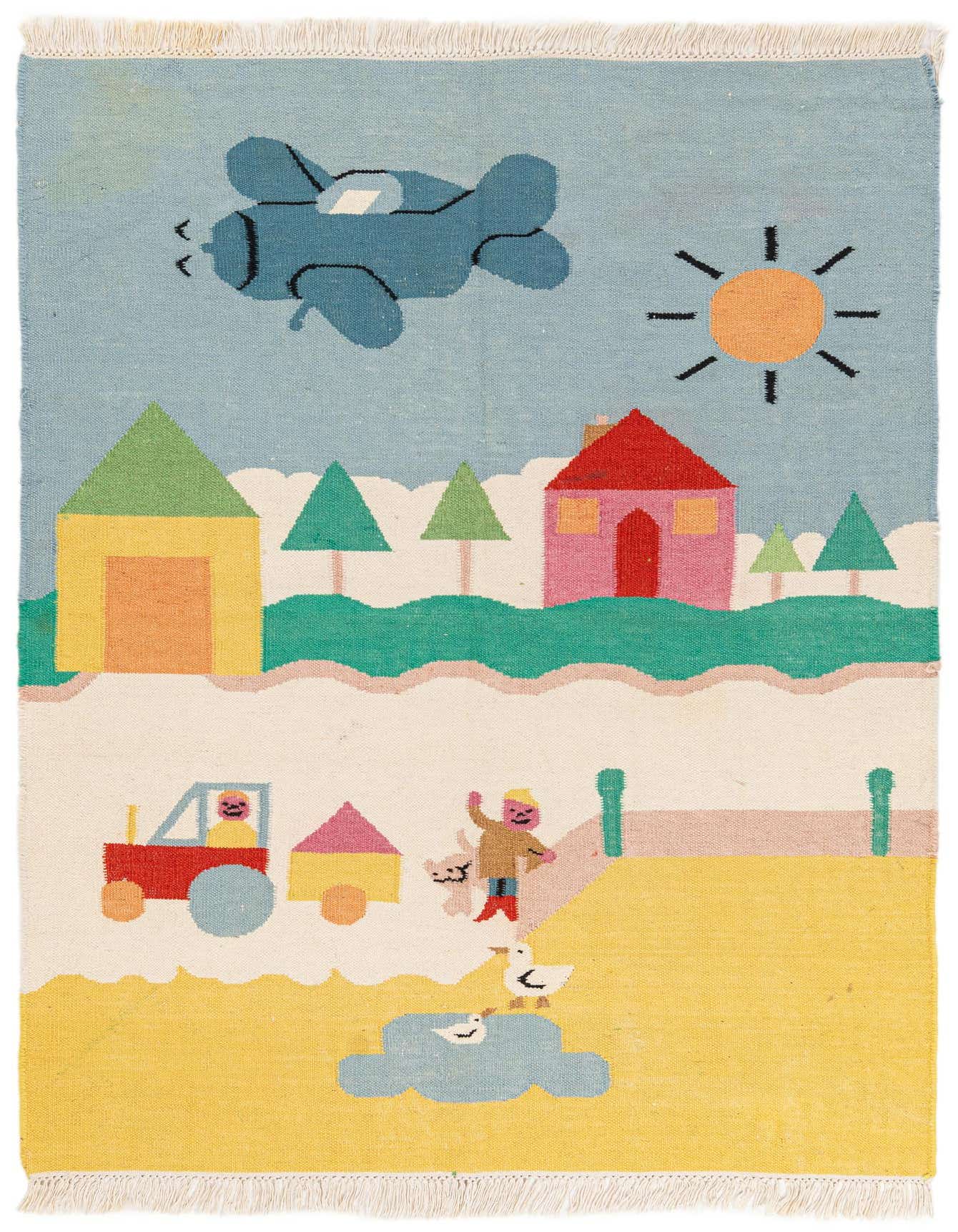 A colorful 4x6 flatweave wool rug depicting a playful village scene with a blue airplane, sun, houses, trees, a person with a dog, a tractor, and ducks on a pond.
