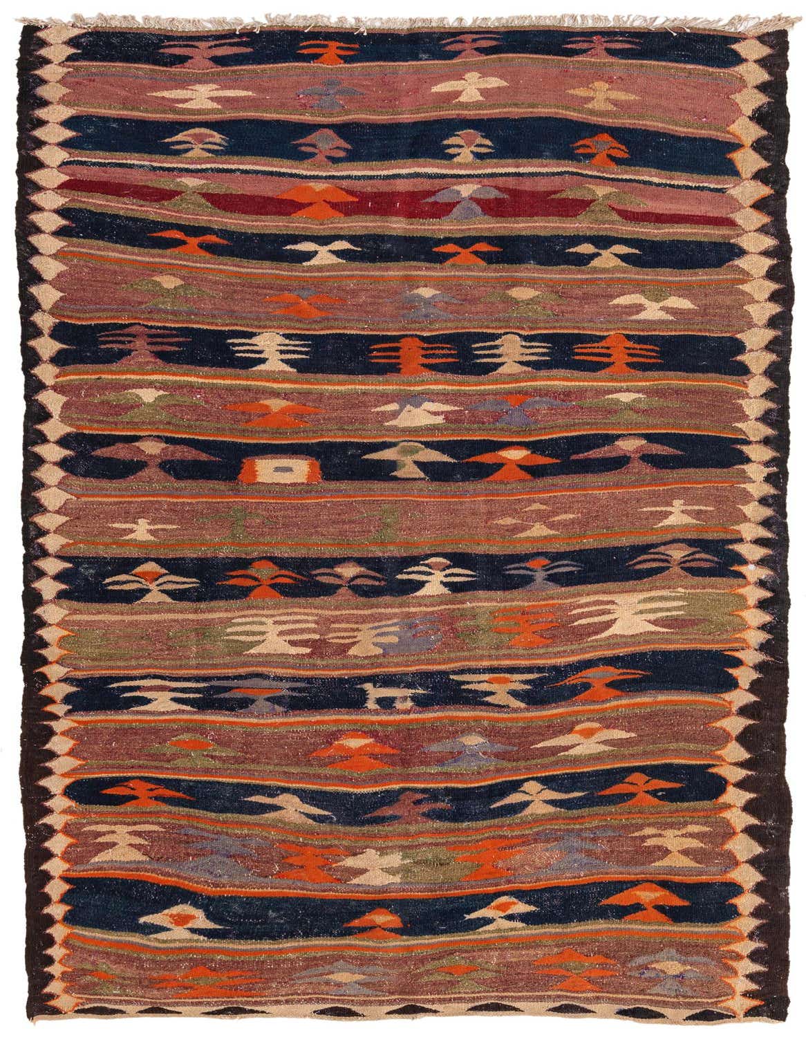 A 5x8 rectangular Kilim Fars rug with multi-colored stripes and tribal patterns, handmade from wool.