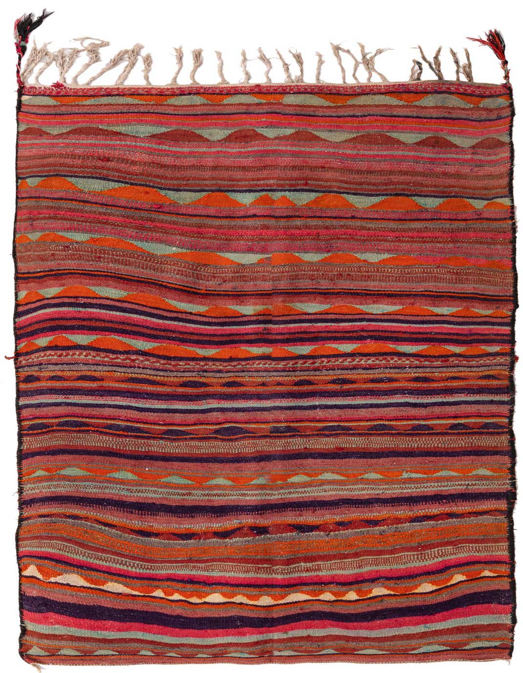 A rectangular 5x8 multi-colored Kilim Fars rug with tribal stripes and geometric patterns, handmade from wool.