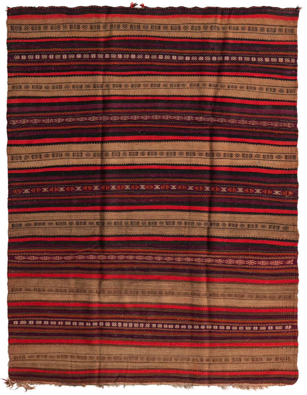 A 5x8 rectangular Kilim Fars rug with multi-colored stripes in red, brown, black, and purple, featuring tribal patterns.