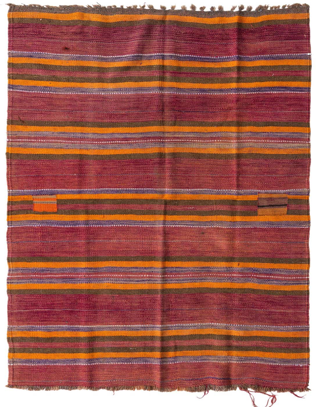 A 5x8 rectangular Kilim Fars rug with horizontal stripes in shades of red, orange, brown, and purple, featuring a flatweave texture.