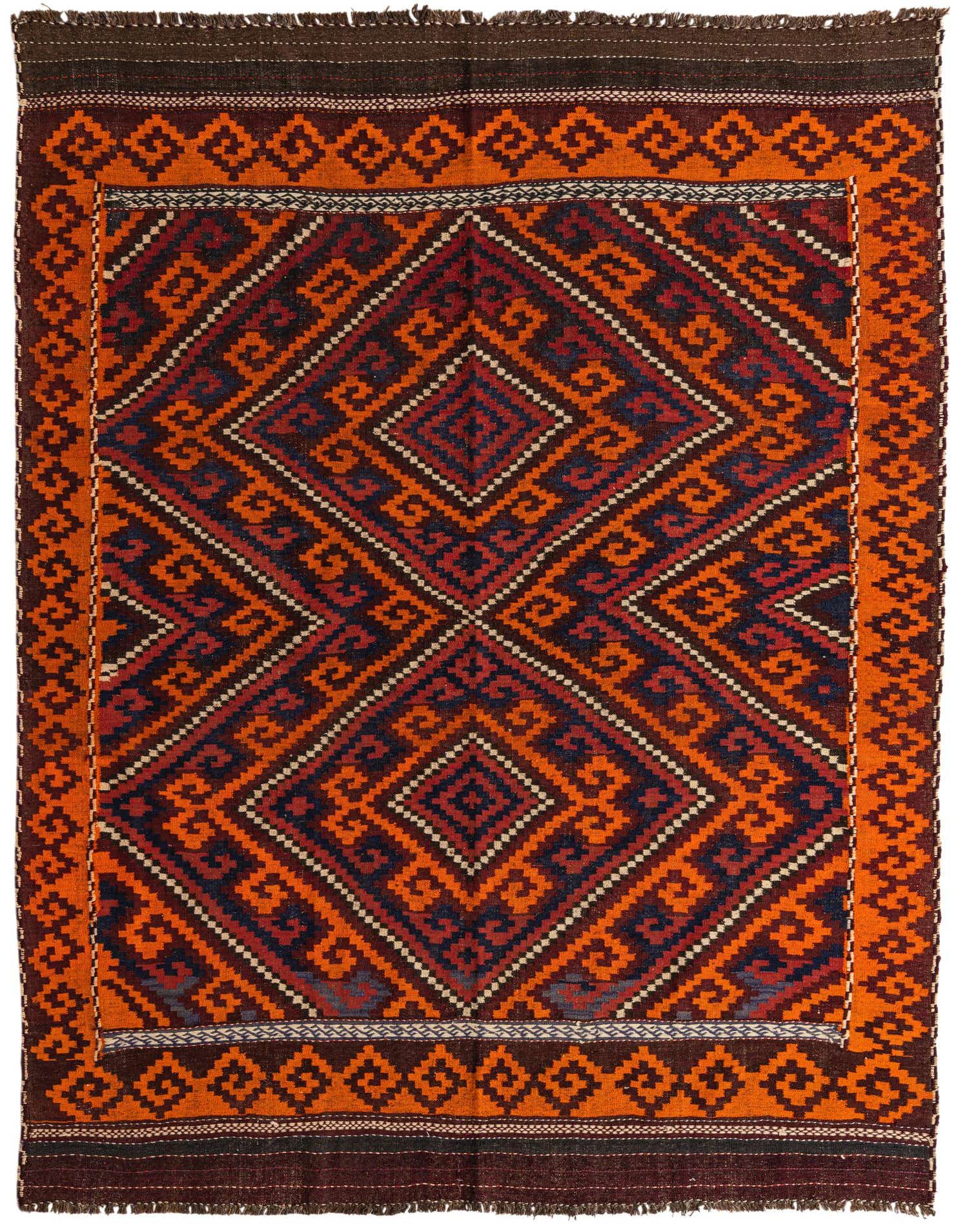 A 7x10 multi-colored rectangular Kilim Fars rug with a large central diamond pattern in orange, red, and navy, surrounded by tribal motifs.