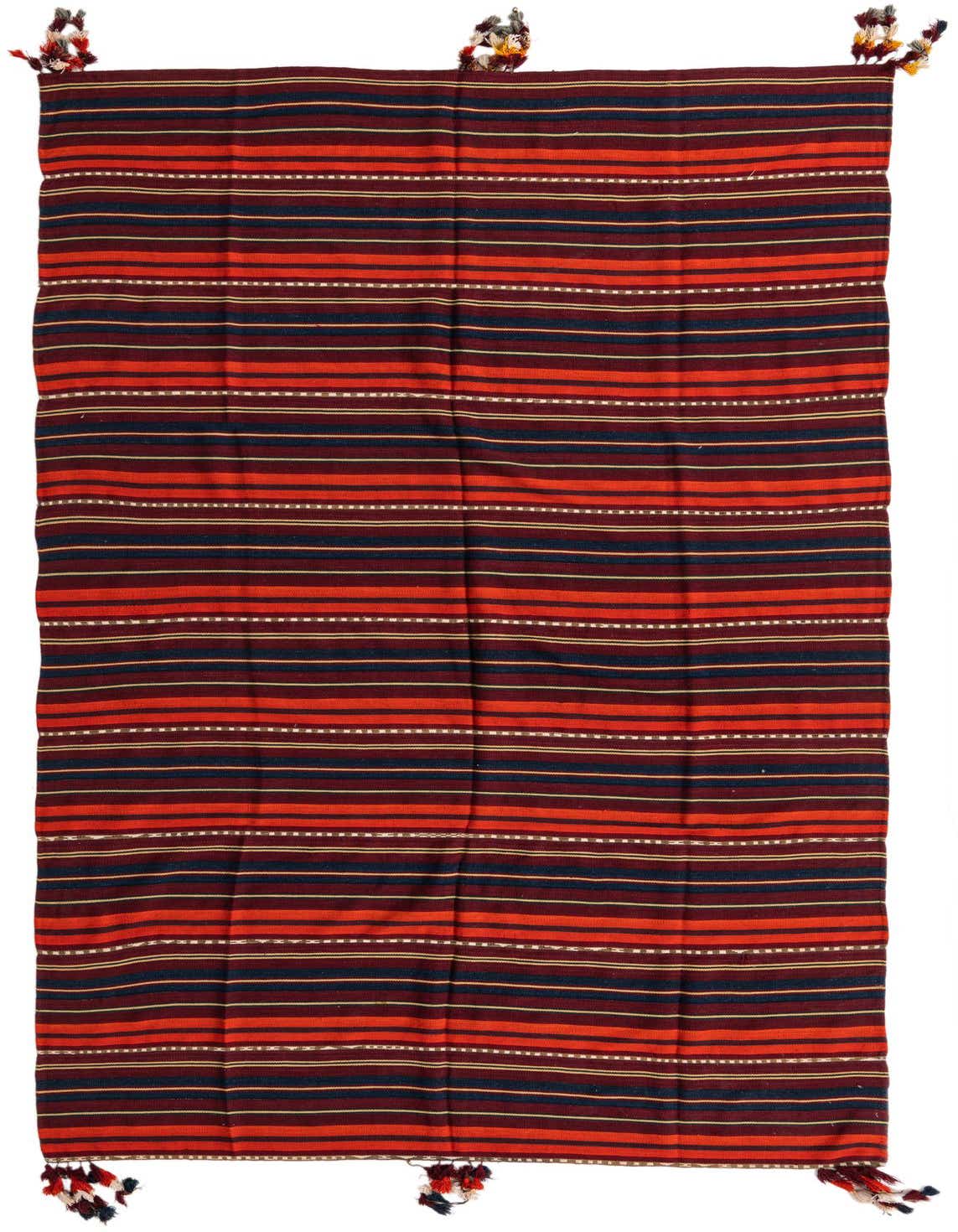 A 7x10 rectangular flatweave Kilim Fars rug with multi-colored stripes and decorative tassels.