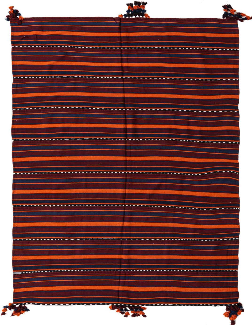 A 6x9 rectangular Kilim Fars rug with horizontal stripes in multi-colored hues and decorative tassels.