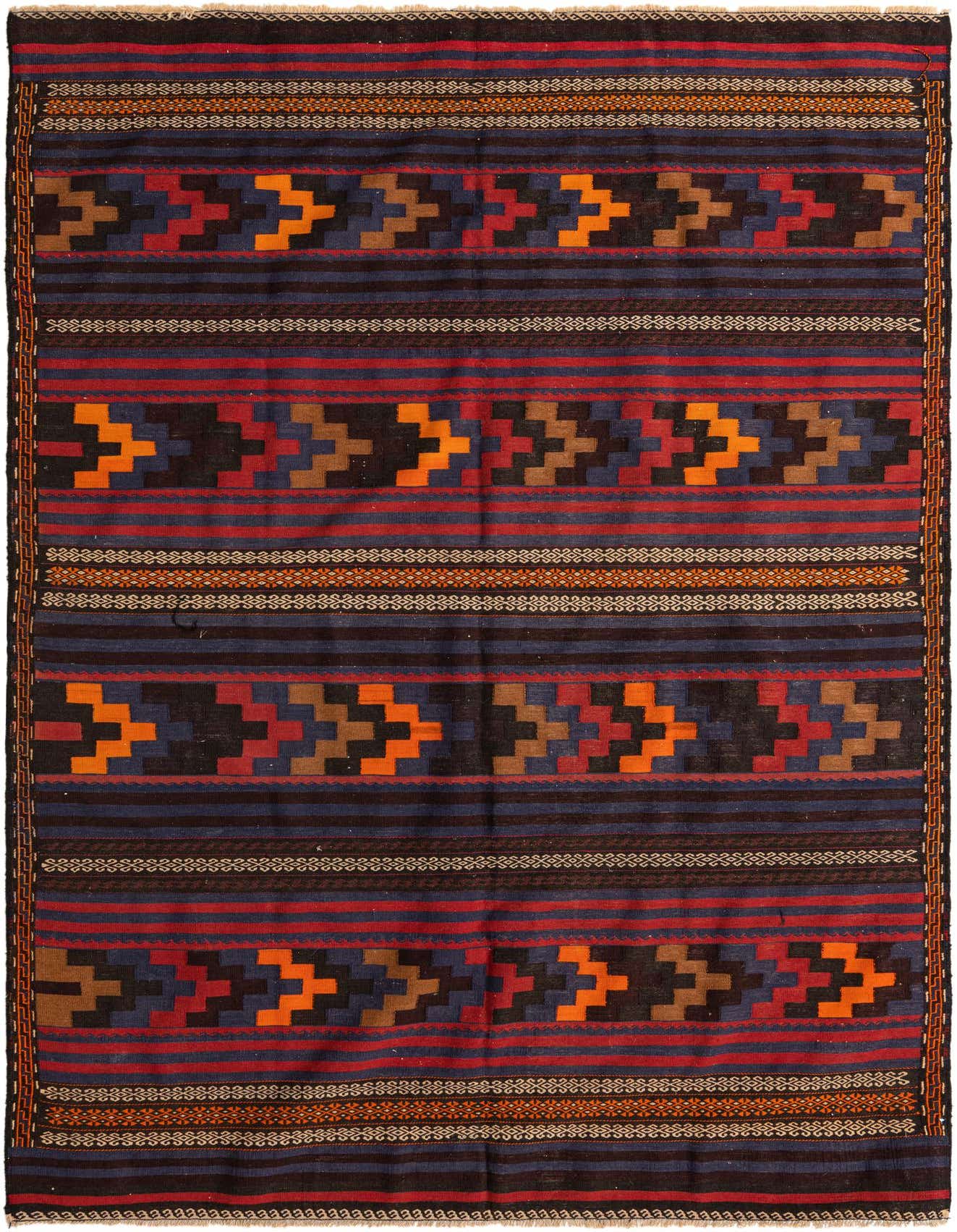 A 7x10 multi-colored rectangular Kilim Fars rug with tribal patterns and stripes, perfect for a living room.