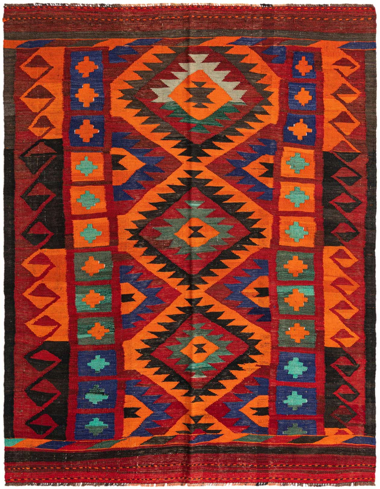 A vibrant 5x8 rectangular Kilim Fars rug with a multi-colored tribal pattern, featuring geometric shapes in orange, red, blue, green, and black.