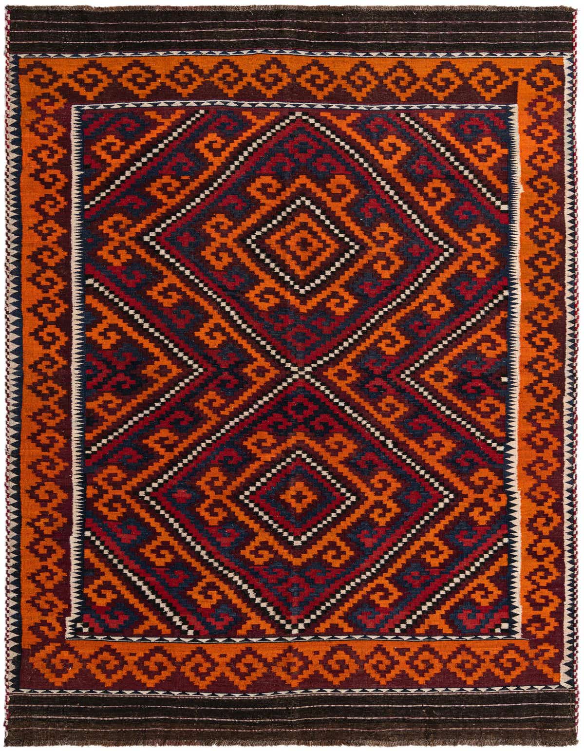 A 7x10 rectangular Kilim Fars rug with a multi-colored Persian tribal pattern, featuring large central diamonds and an orange border, ideal for a living room.