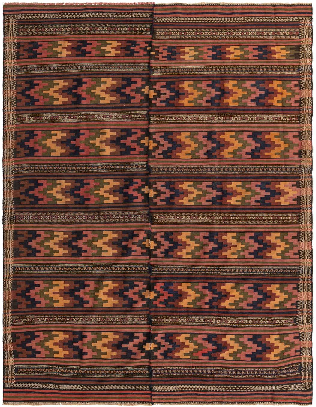 A 7x10 multi-colored rectangular Kilim Fars rug with tribal geometric patterns in shades of red, orange, green, and blue.