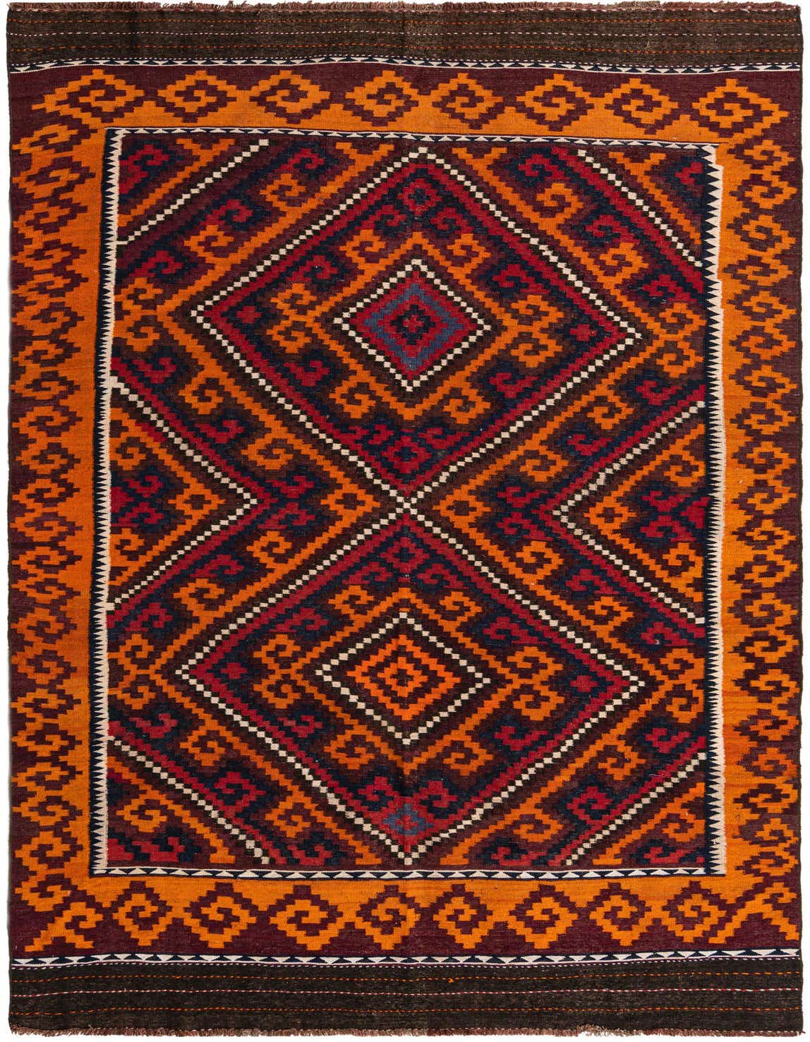 A 7x10 rectangular flatweave Kilim Fars rug with a multi-colored Persian tribal pattern, featuring prominent orange, red, and navy diamonds.
