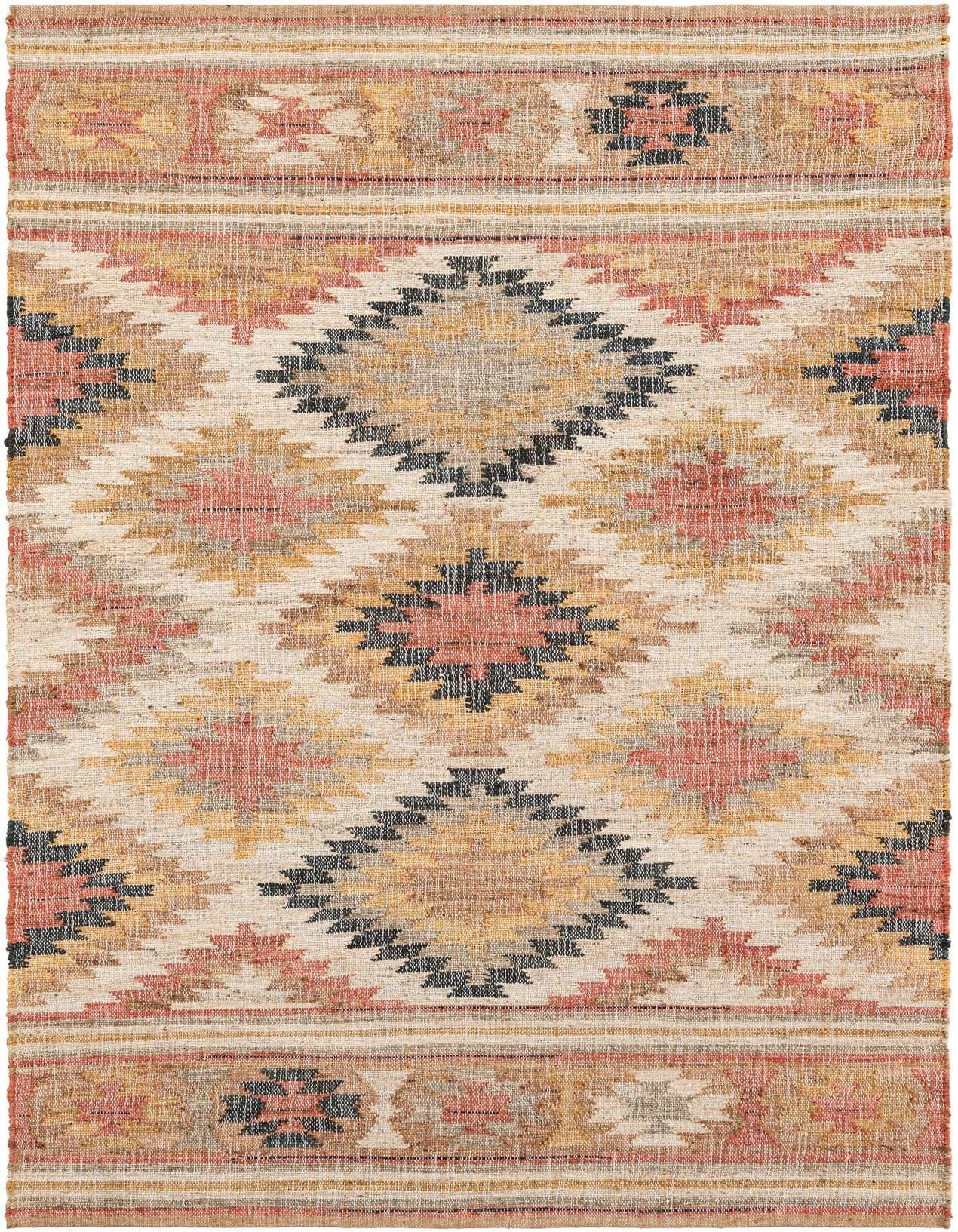 A 5x8 rectangular Kilim Jute rug with a Southwestern tribal pattern in multi-colored hues of red, orange, yellow, and black.